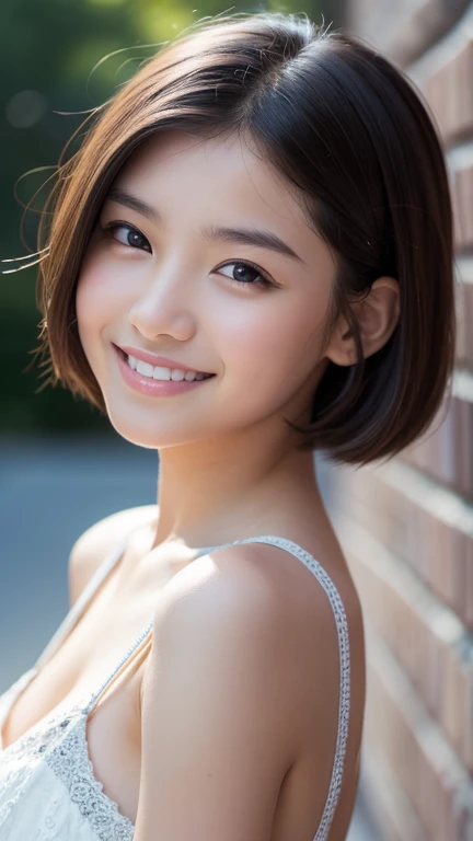 1girl, depth of field, first-person view, f/1.8, 135mm, Nikon, UHD, retina, masterpiece, ccurate, anatomically correct, textured skin, high details, super detail, high quality, best quality, highres, 1080P, HD, 4K, 8k,short hair,turn to face the front,smile,ars old