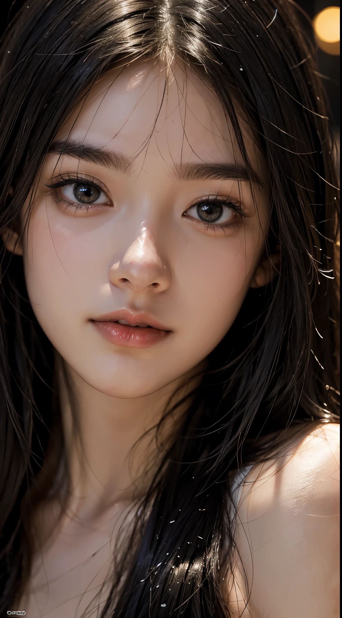 cute 22 year old,1 girl, Narrow face,tokyo street,night, cityscape,city lights, ((face close up:1.5)),((Jet black, shiny straight long hair))close, 8k, RAW photo, highest quality, masterpiece,realistic, photo-realistic,