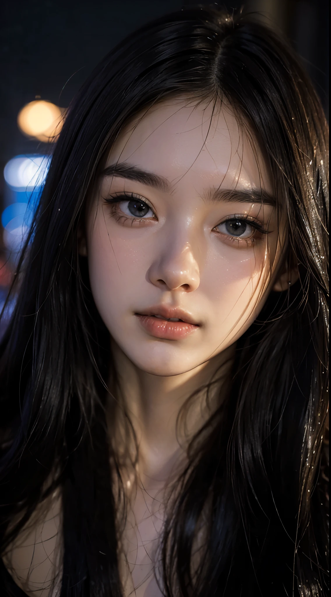 cute 22 year old,1 girl, Narrow face,tokyo street,night, cityscape,city lights, ((face close up:1.5)),((Jet black, shiny straight long hair))close, 8k, RAW photo, highest quality, masterpiece,realistic, photo-realistic,