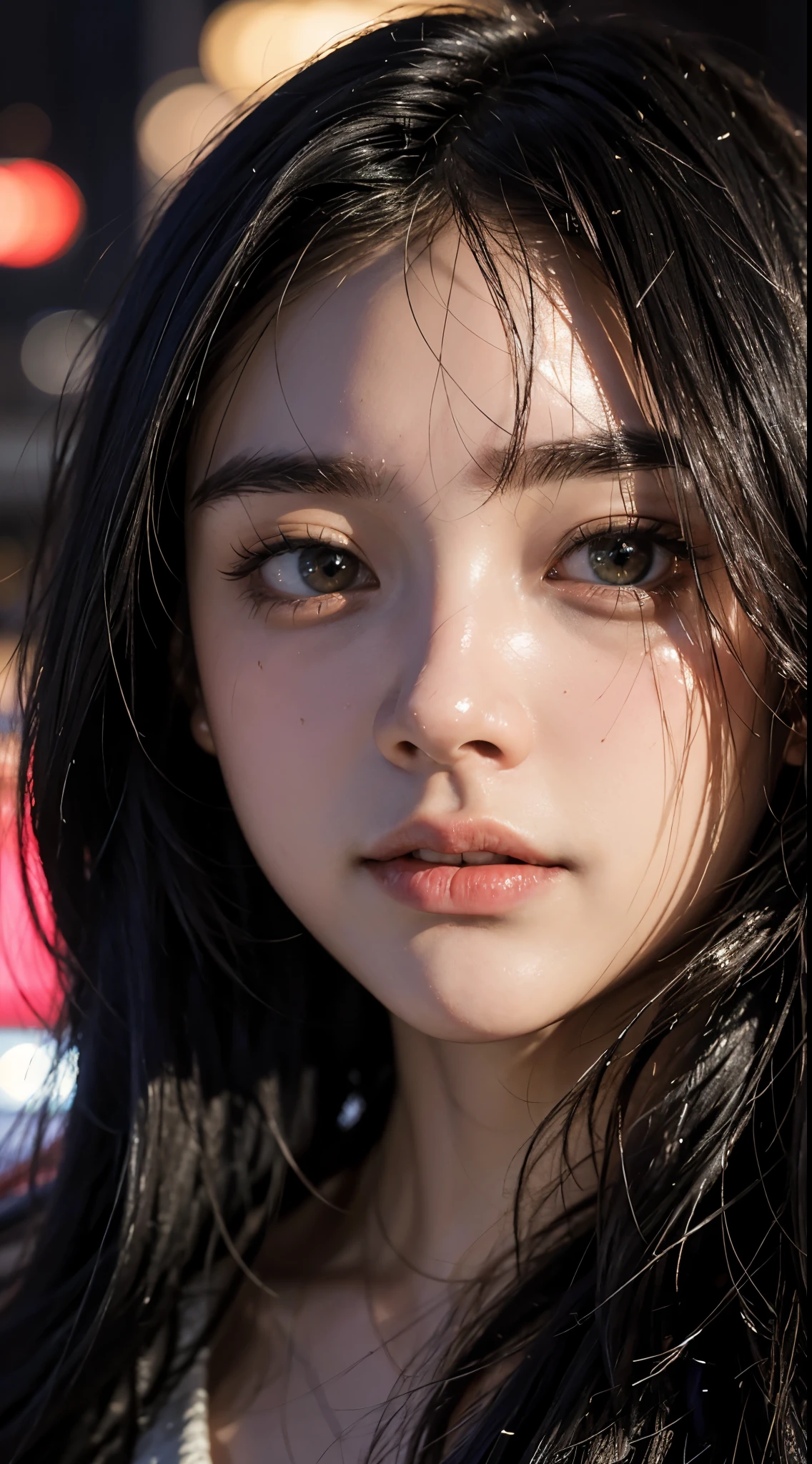 cute 18 year old,1 girl, tokyo street,night, cityscape,city lights, ((face close up:1.5)),((Jet black straight long hair))close, 8k, RAW photo, highest quality, masterpiece,realistic, photo-realistic,