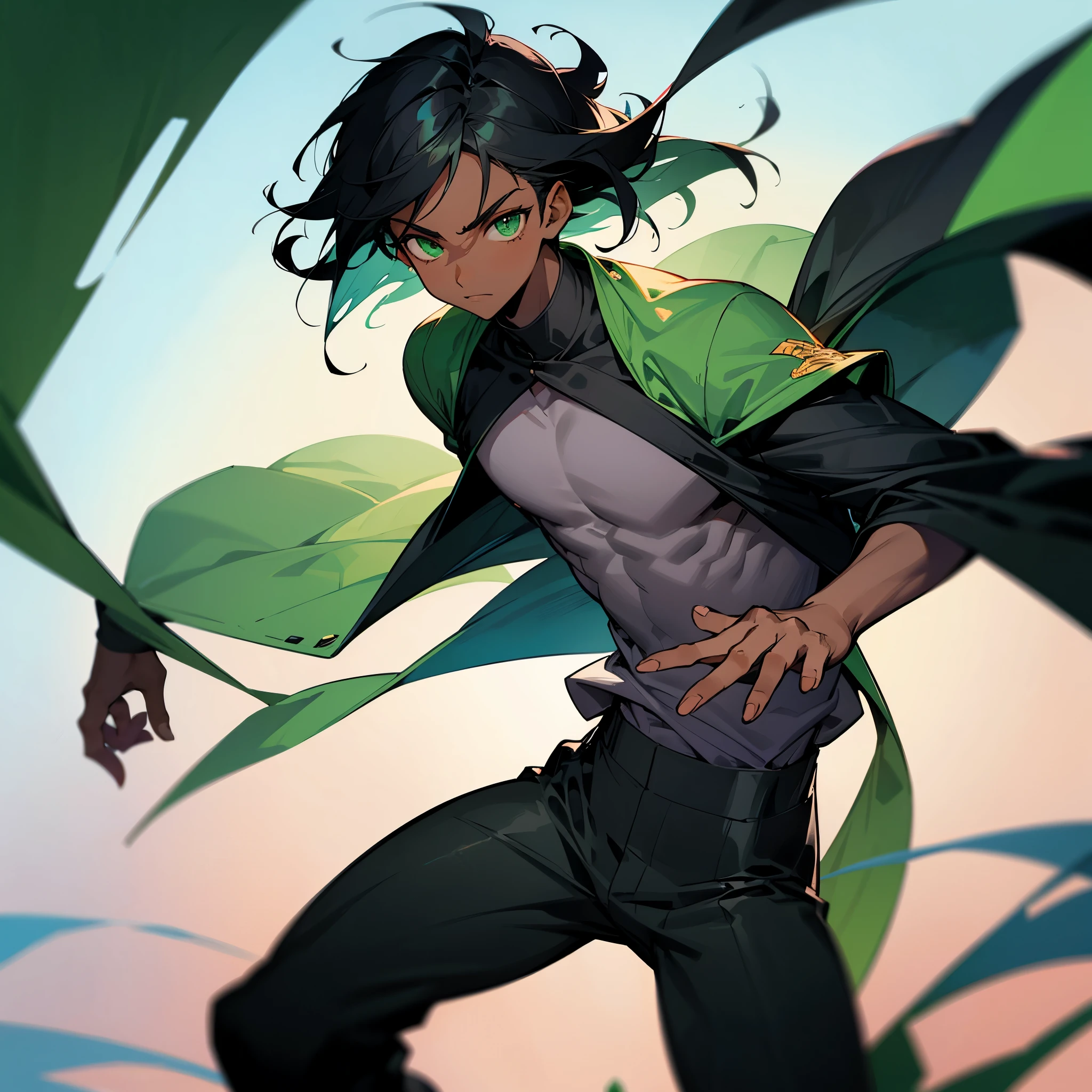 Dark Skin, 1male, ???, modern clothes, green eyes, black hair, medium length hair, toned clothes