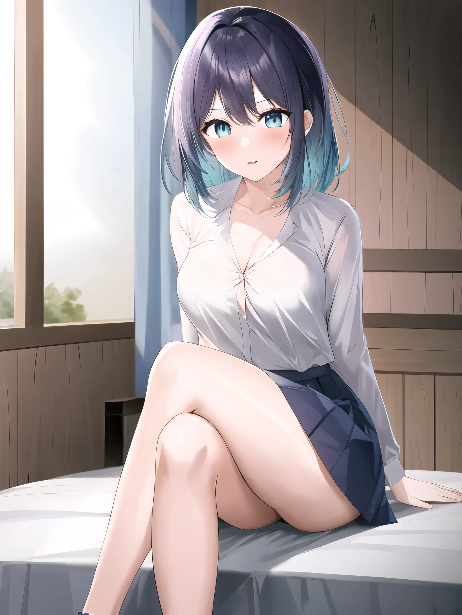 8k, 8k portrait, (best quality, ultra detailed, beautiful artwork), shoot from front, (no hat:1.3), akane kurokawa, BREAK 1girl, aqua eyes, eyes in highlight, blue hair, medium hair, collarbone, BREAK white collar shirt, BREAK ((dark blue pleated skirt)), BREAK looking at viewer, (crossed leg:1.3), bedroom,