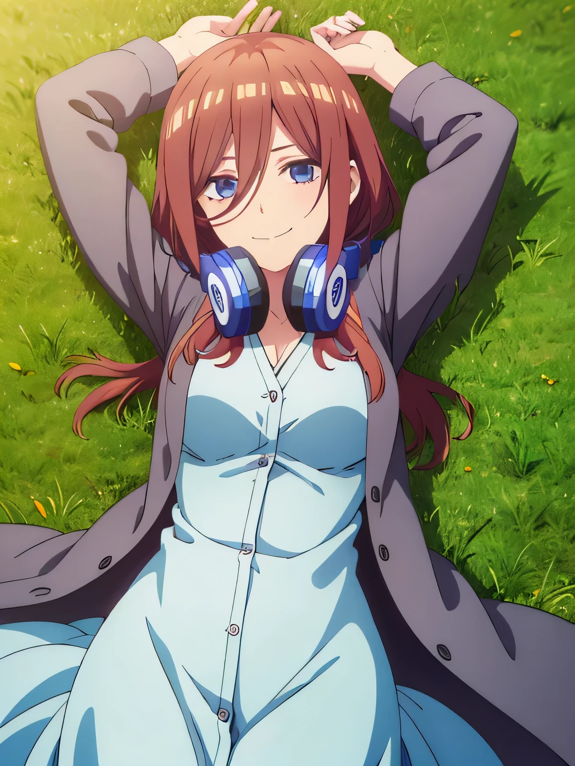 solo, 1girl, looking at viewer, 2D, anime, anime coloring, high quality solo, cowboy shot, lying, on back, on grass, spread arms, shy smile, arms up, closed mouth, miku nakano, cardigan, headphones around neck, looking at viewer, smile