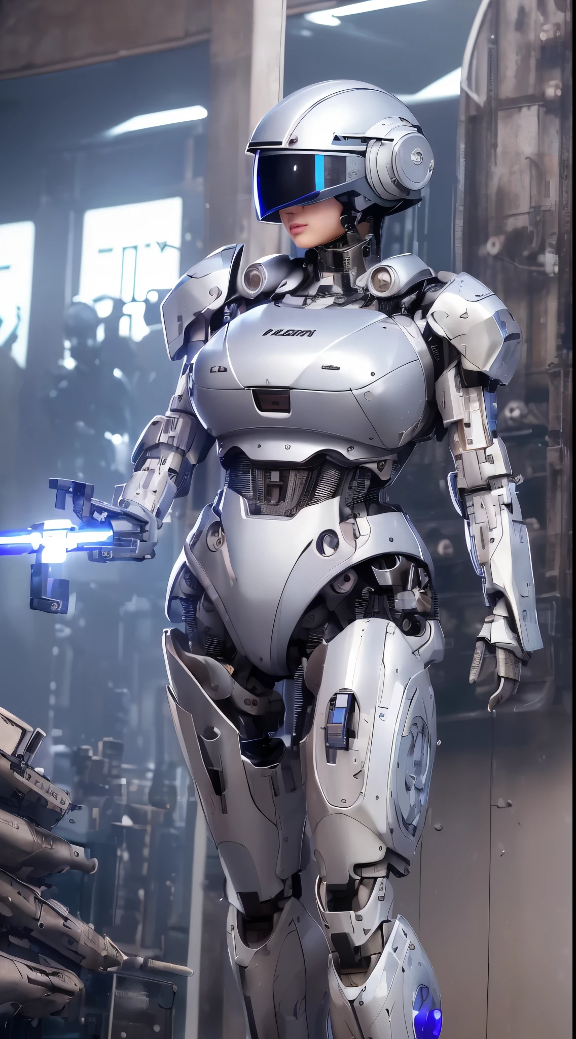 best ever、8k,(((Full body Esbian)))、(((plump breasts:1.3)))、(((luster)))、(((Metal)))、(((とてもlusterのある、Very hard armor)))、(((cyberpunk)))、Cute beauty of mecha(highest quality, Detailed details, table top, , 8k, chiaroscuro,big breasts、Bust photos are super realistic, Highly detailed Nikon videography )、beautiful navel、Human skin type、((very photorealistic human))、(round eyes)、The detail of the iris of the pupil is amazing、precise fingers、故障のない手feet、(((Caucasian 21 years old, woman)))、((Very fair skin,,,,,,,,,,,,,,))、natureに閉じた口、natureな乳輪、nature 、staring eyes、natureな体、baby face、womanらしい顔立ち、womanらしい体、(With a round face)、small face、soft cheeks、looking at camera、Full body Esbian、、Beautiful and shining nature eyes、Human skin type、((very photorealistic human))、(round eyes)、The detail of the iris of the pupil is amazing、故障のない手feet、natureに閉じた口、natureな乳輪、nature 、staring eyes、natureな体、Slightly baby-faced、womanらしい顔立ち、womanらしい体、With a round face、small face、soft cheeks、looking at camera、Full body Esbian、balanced face、drooling eyes、(It's not the kind of eye that blinds you.)、Body with human-like proportions、(((slightly longer arms)))、(fairly long torso)、(((slightly larger hands)))、human face、(((Shining blue light blue silver hair)))、(((cool and cute short haircut)))、(((The background is the future)))、(((8 heads and bodies)))、(((purple eyes)))、(((thin, thin silver eyebrows)))、(((thin eyebrows)))、Looking at this、Gentle double eyelids、(((kind face)))、(((Background Mecha)))、blade runner、(((Possession of a machine gun:1.5)))、(((Machine gun firing:1.4)))、(((Hold a machine gun:1.6)))、(((mechanical headgear:1.3)))、(((Mechanical helmet covering the eyes:1.5)))、(((robocop:1.3)))、ghost in the shell、tron、space detective gavan、knock、police officer、(((night background)))、(((no makeup)))、(((Hollywood science fiction movie quality)))、(((New York in 5000 AD)))、((teal and orange))、Height: 164cm、Leg length 80cm、Head length is 21cm、,very subtlyXfeet、cool pose、Evangelion、rei ayanami、(((Cloudy)))、battle preparation
