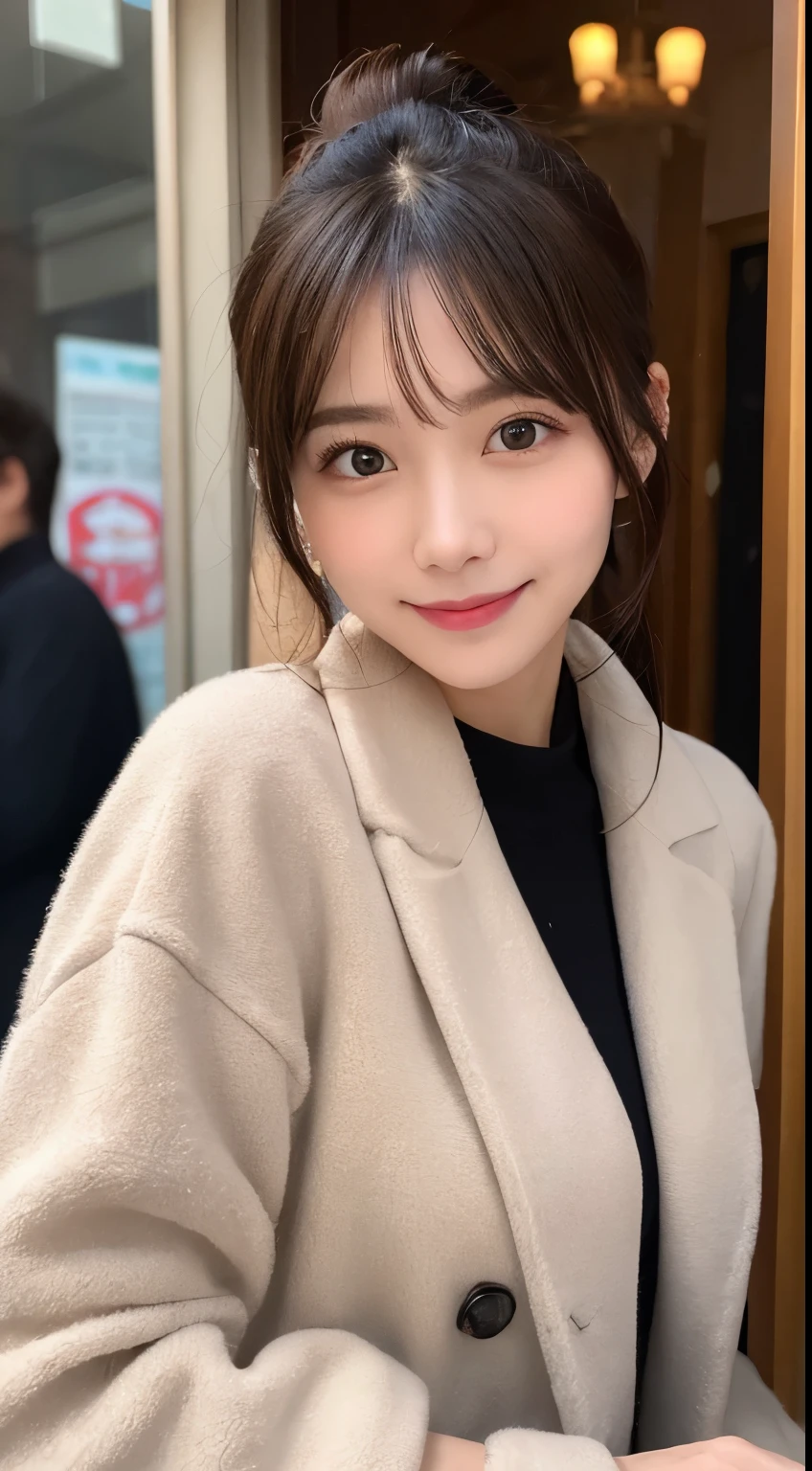 table top, highest quality, shape, Super detailed, finely, High resolution, 8k wallpaper, 完璧なダイナミックな構shape, beautiful and detailed eyes, Gorgeous and stylish black fluffy latest trend Tokyo winter clothes,ランダムなcute髪,small breasts,natural color lip, bold sexy pose,smile、20 year old girl、cute、sexy shot looking at camera,Always blur the background,perfect and beautiful face,Take only the face,美しくdetailed face、slim face and style,Big eyes、do gal makeup,real photos、luxury brand mink coat、 (get closer to the face, enlarge the face, face focus:1.0), break, (masterpiece, highest quality, Super detailed, detailed face, 8k)、real photos、perfect and beautiful face、blur the background、smile