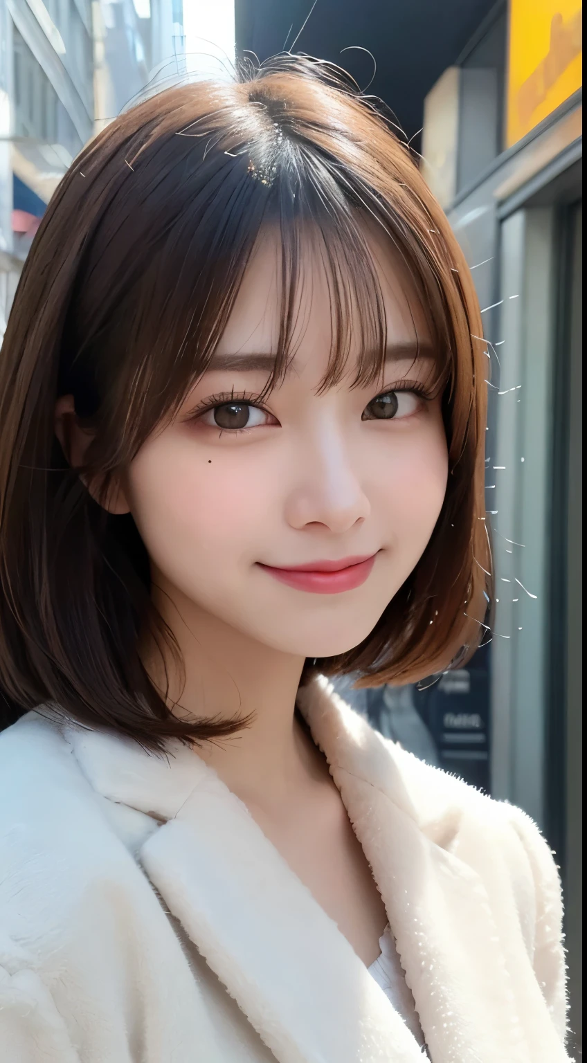 table top, highest quality, shape, Super detailed, finely, High resolution, 8k wallpaper, 完璧なダイナミックな構shape, beautiful and detailed eyes, Gorgeous and stylish black fluffy latest trend Tokyo winter clothes,ランダムなcute髪,small breasts,natural color lip, bold sexy pose,smile、20 year old girl、cute、sexy shot looking at camera,Always blur the background,perfect and beautiful face,Take only the face,美しくdetailed face、slim face and style,Big eyes、do gal makeup,real photos、luxury brand mink coat、 (get closer to the face, enlarge the face, face focus:1.0), break, (masterpiece, highest quality, Super detailed, detailed face, 8k)、real photos、perfect and beautiful face、blur the background、smile