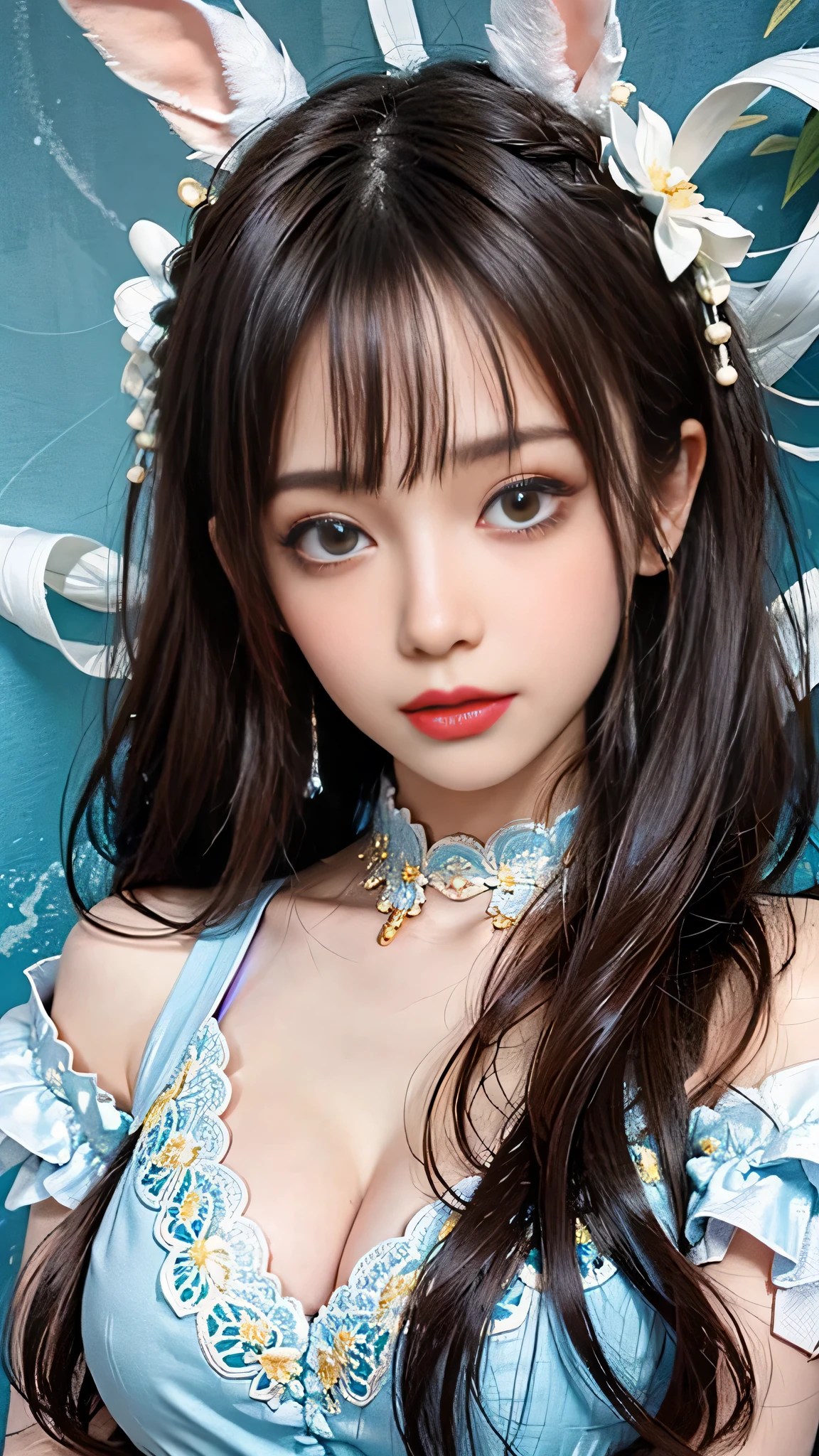 Beautiful white and shining skin、Chestnut hair that changes depending on the light、Long bangs between the eyes that obstruct the view、Cheek gloss highlights、Sexy and very beautiful nice gorgeous face、the most beautiful face in the world、short bob、Smooth straight hair、medium breasts、beautiful breasts、cleavage、Big and bright eyes、beautiful bangs、Beautiful and beautiful woman、small face beauty、golden ratio、natural smile、high heels、cute bunny ears hair accessories 、white choker and black bow tie、White cuffs、Bunny girl、