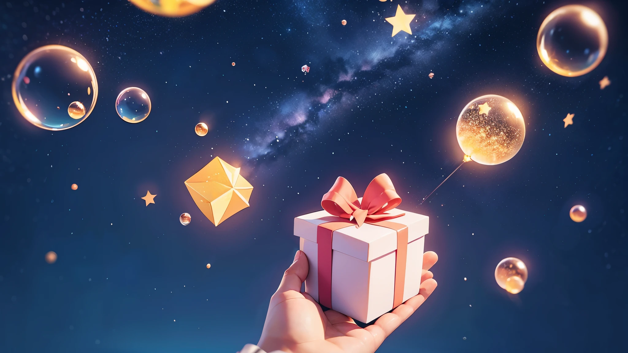 Pure background image,dream,Warmth,A starry sky,Bubbles and gift boxes floating in the air,There are no characters in the picture