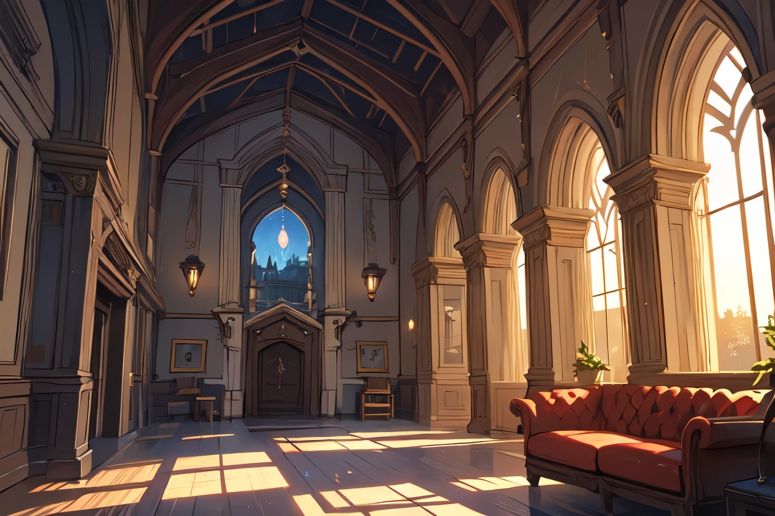 (no human), background, hogwarts, (detailed castle:1.3), ancient castle, stone walls, in the room, sunroom, open space, sunset, regal atmosphere, 8k artistic photography, perfect composition, trending pixiv fanbox, style of makoto shinkai and studio ghibli, ultra hd, realistic anime, vivid colors, highly detailed, UHD drawing, pen and ink, beautiful detaile, photorealistic concept art, soft natural volumetric cinematic perfect light, only background