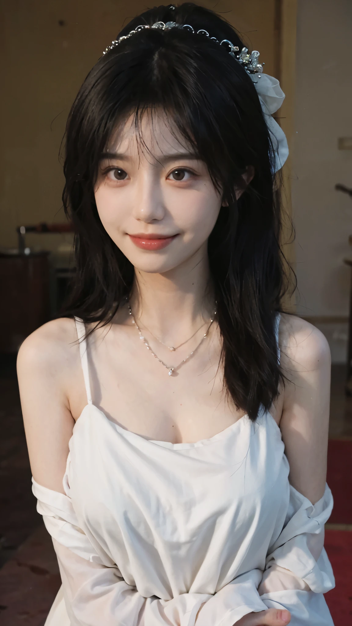 best quality, ultra high resolution, (realistically:1.4),cute hairpin,Baoyu Girl,Standing in the wedding hall,(Big breasts:1.2) ,A pair of clear and charming peach blossom eyes,Royal sister,The sun shines on the face,Big wavy hairstyle,(necklace:1.2),(White skin:1.4),a sense of atmosphere,a beautiful girl,sweet smile,Looking directly at the viewer, Close-up cleavage ,(lifelike:1.4),1 girl,Sexy,(Upper body:1.4),(wet),(:1.2)