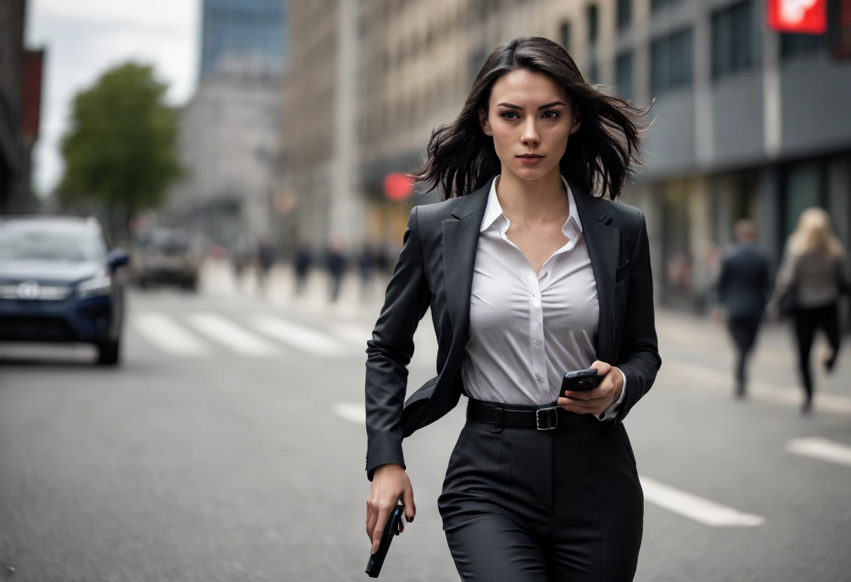 Photo taken with Sony a7R V FE 70-200mm f/2.8 Universal USA II, A young European agent girl runs down the street towards the viewer, black hair, slender yet strong, Athletic body, very beautiful, Wearing an agent&#39;s phone headset, handgun, Looks excited and tired, dress like a secret agent, High-tech suit agent, full length, full pose, Film processing, light, High resolution 32K, HD, lifelike