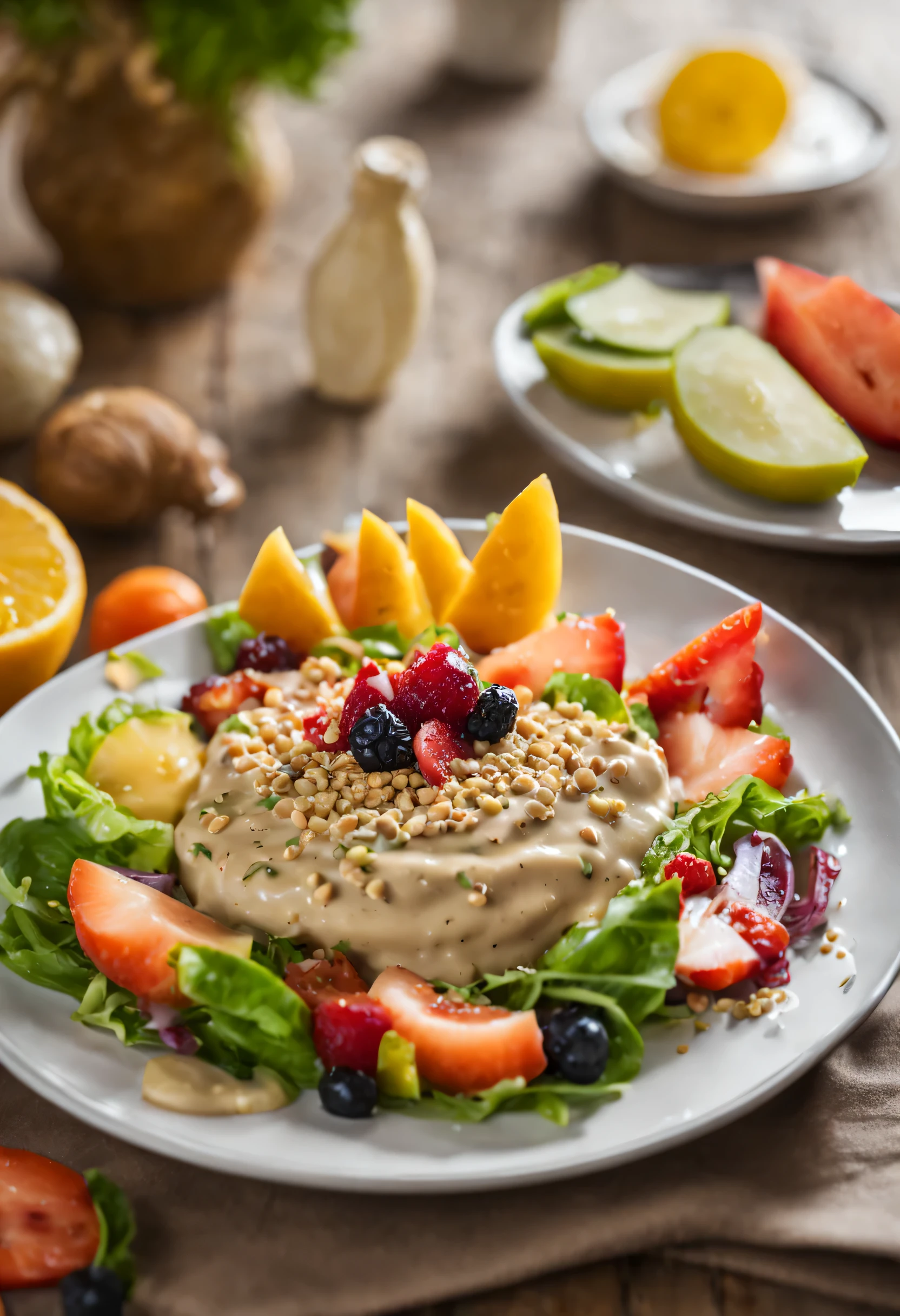 cooking，salad，Sesame，fruit，plate，wood color table，modern style，Very tasty，Fat reduction，Professional Food Pictures，Delicious food，Detailed images，Lightly toasted sesame seeds，lose weight