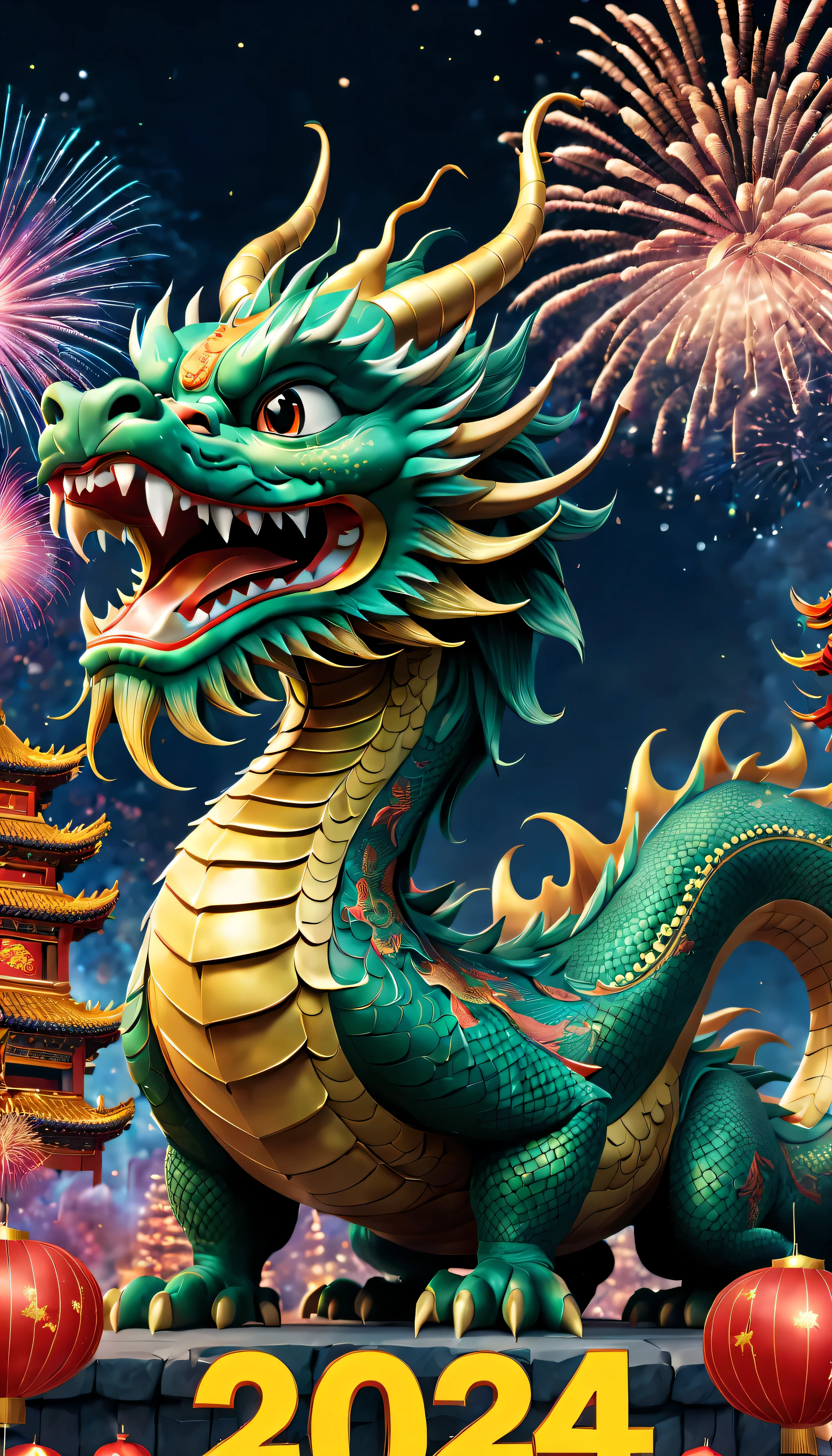 holiday poster: (2024) new year, com mascot: cartoon chinese dragon,background with: A grand fireworks display lights up the sky,(best quality,4k,high resolution,masterpiece:1.2),Super detailed,(actual,photoactual,photo-actual:1.37)