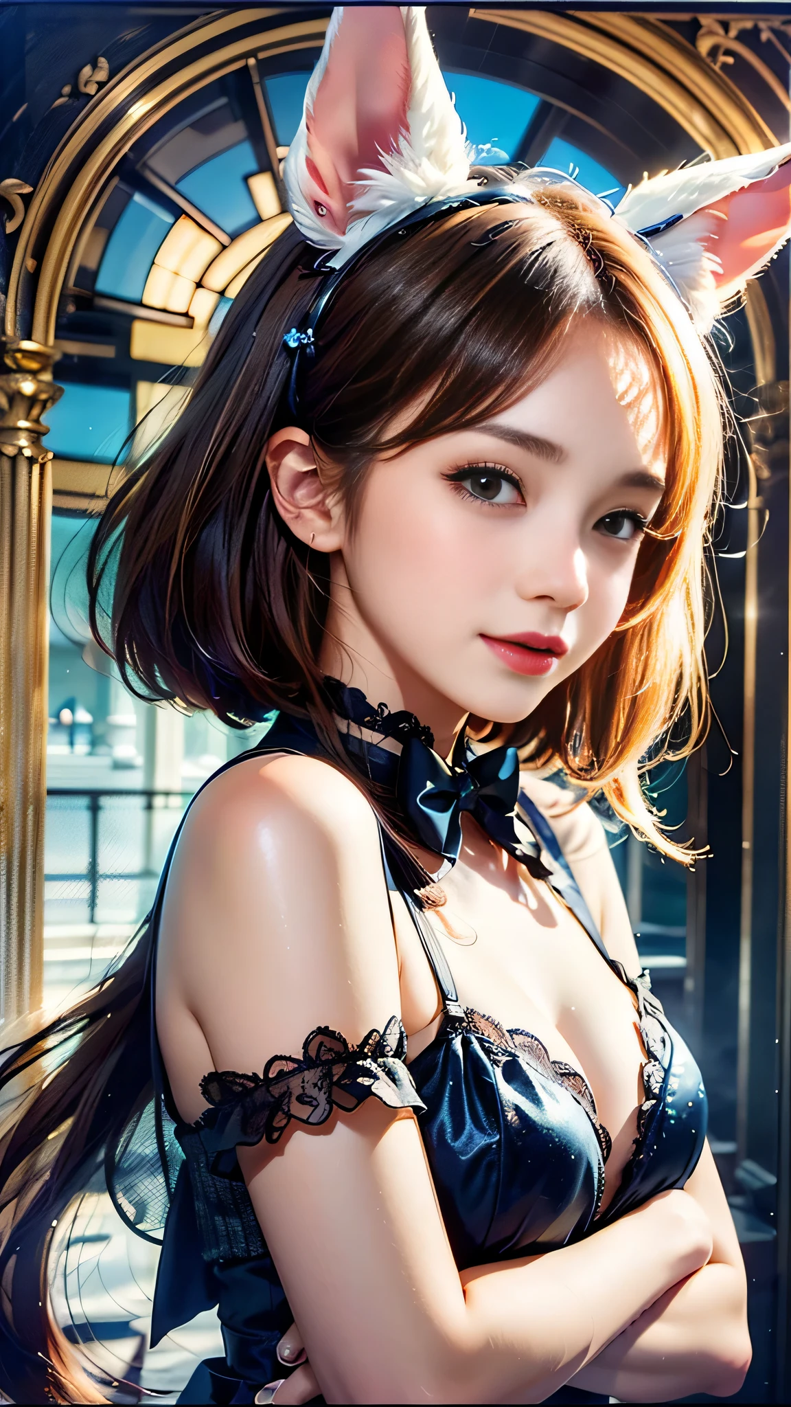 Beautiful white and shining skin、Chestnut hair that changes depending on the light、Long bangs between the eyes that obstruct the view、Cheek gloss highlights、Sexy and very beautiful nice gorgeous face、the most beautiful face in the world、short bob、Smooth straight hair、medium breasts、beautiful breasts、cleavage、Big and bright eyes、beautiful bangs、Beautiful and beautiful woman、small face beauty、golden ratio、natural smile、high heels、cute bunny ears hair accessories 、white choker and black bow tie、White cuffs、Bunny girl、