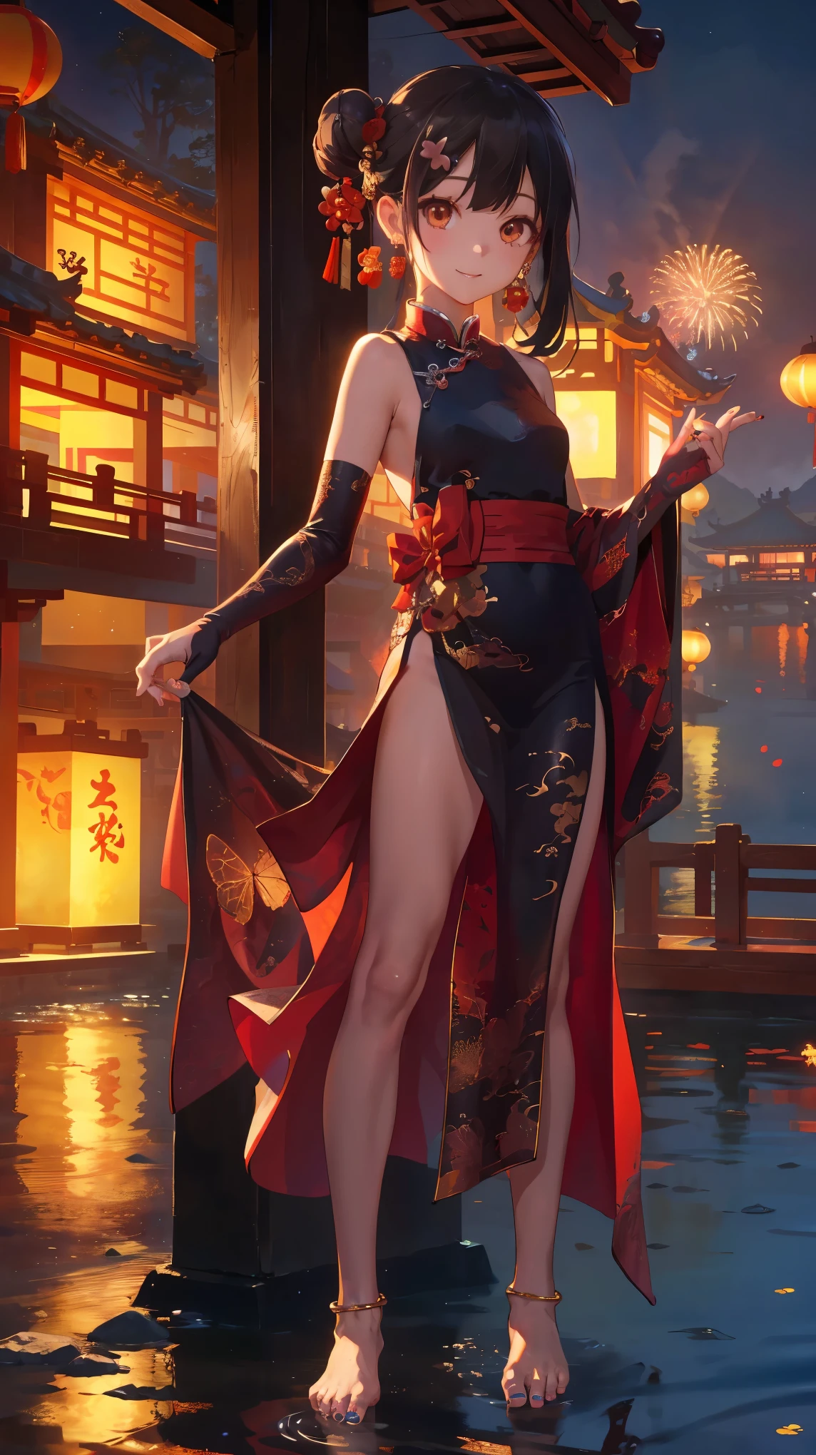 masterpiece,best quality,official art,extremely detailed CG unity 8k wallpaper, (wide shot),1girl, (Miyu Edelfelt),****,black hair,brown eyes,seductive smile,nsfw, barefoot, see-through dress, butterfly, butterfly hair ornament, backless dress, chinese clothes,sleeveless, double bun,golden dragon print,bare foot,,elbow gloves,hair bun, hair ornament,jewelry,earrings,bead anklet,slim legs,nail polish, small breasts, solo, toenail polish, toenails, toes, twintails,outdoor,Chinese style architecture, Chinese style, lake, ancient town, beautiful and meticulous water,the red lantern,fireworks,