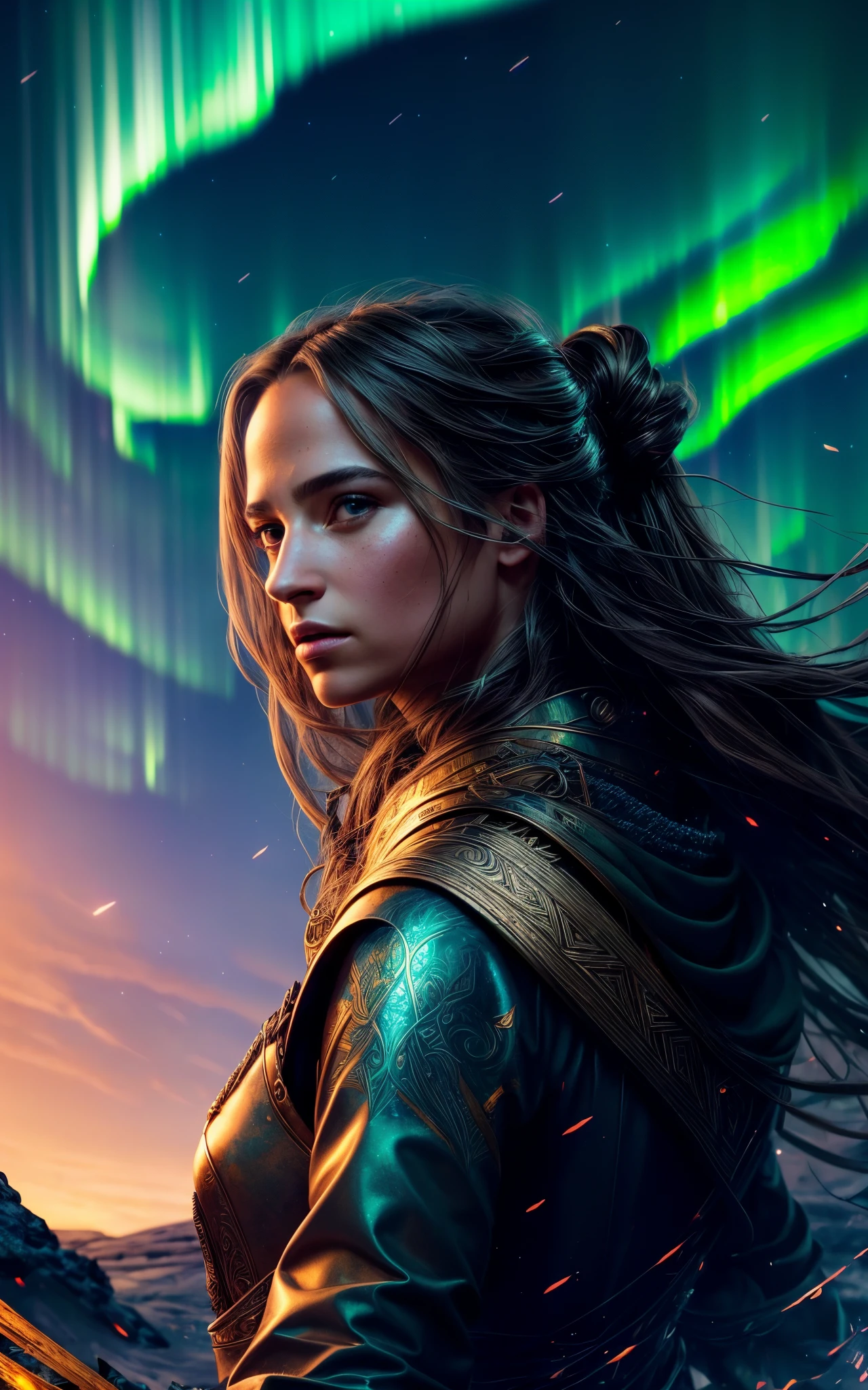 (Alicia Vikander) is Freya the nordic goddess, pale skin, messy, Full body, Beautiful anime waifu style girl, hyperdetailed painting, luminism, art by Carne Griffiths and Wadim Kashin concept art, Iceland background, northern lights, abstract beauty, approaching perfection, pure form, golden ratio, minimalistic, dark atmosphere, unfinished, concept art, intricate details, 8k post production, high resolution, hyperdetailed, trending on artstation, sharp focus, studio photo, intricate details, highly detailed,
