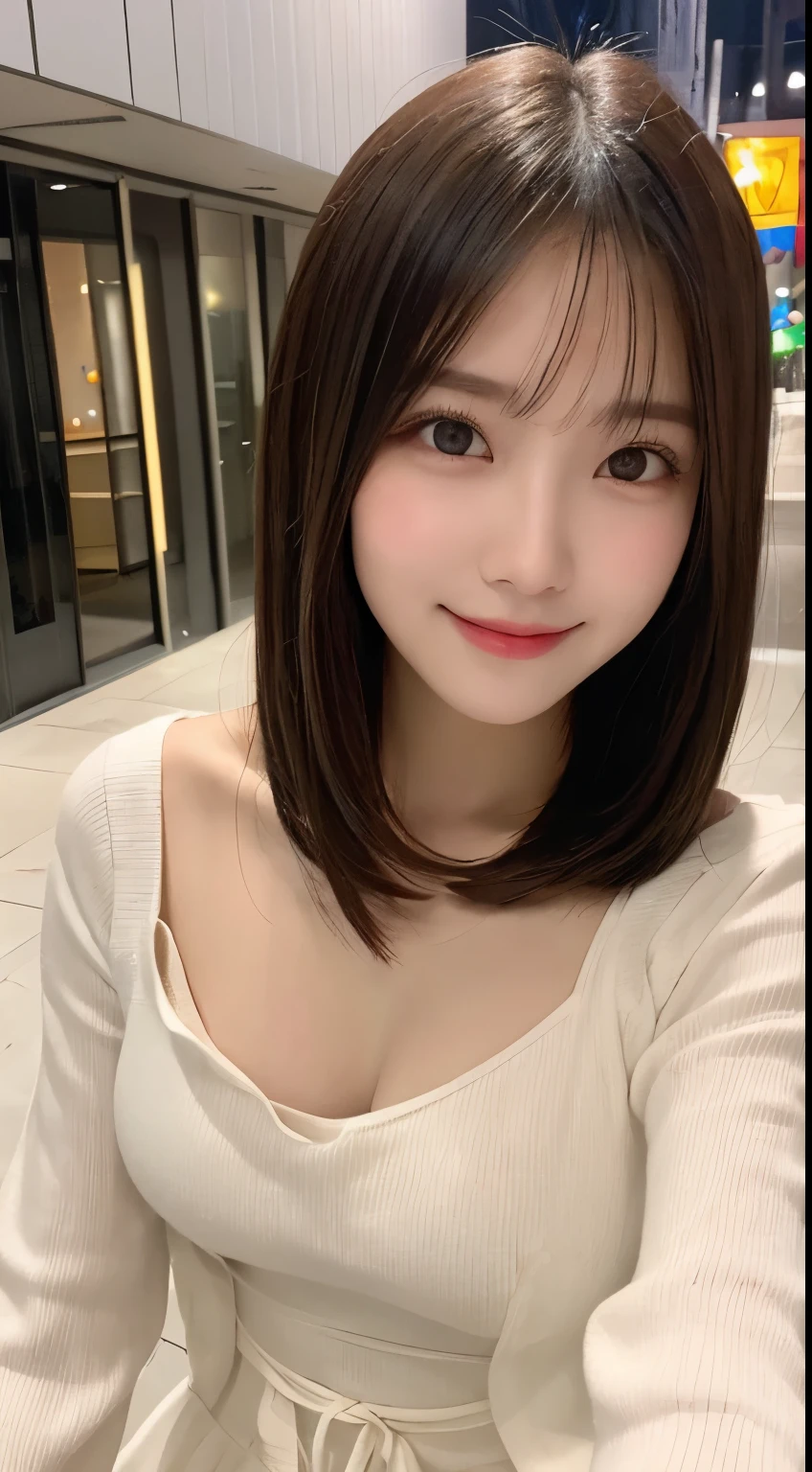 table top, highest quality, shape, Super detailed, finely, High resolution, 8k wallpaper, 完璧なダイナミックな構shape, beautiful and detailed eyes, winter dress,medium hair, small breasts, natural color lip, random sexy pose,smile,big city、20 year old girl、midnight、美しくdetailed face、perfect and beautiful face,Big eyes、RAW photo、spread your arms and legs wide、Express your best mood with your whole body、beautiful and detailed eyes、small face、beautiful duplex、slim face and style、 (get closer to the face, enlarge the face, face focus:1.0), break, (masterpiece, highest quality, Super detailed, detailed face, 8k)、real photos、perfect and beautiful face、blur the background、smile
