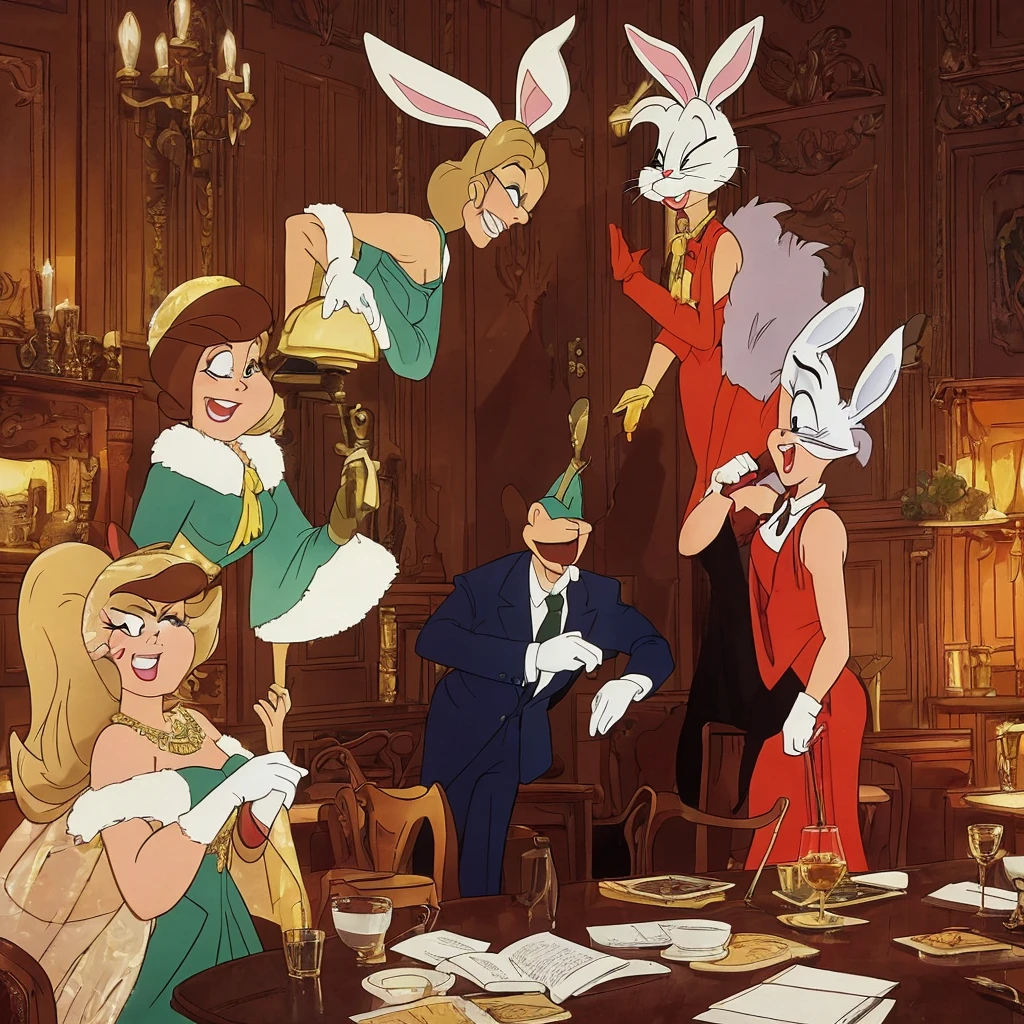A comedic scene set in a 1920s speak easy where Bugs Bunny disguises himself as a blonde bar floozy to seduce a black-clad villain and steal his briefcase. The scene is portrayed in a (best quality,4k,8k,highres,masterpiece:1.2),ultra-detailed,(realistic,photorealistic,photo-realistic:1.37) style. The main focus is on Bugs Bunny's charming and detailed eyes, beautiful detailed lips, and extremely detailed face. Bugs Bunny, dressed in a glamorous blonde wig, shimmering dress, and elegant feather boa, is shown flirting with the villain by winking and blowing kisses. The speak easy is filled with vibrant colors, vintage furniture, and jazz music in the background. The lighting is dim and moody, with warm tones illuminating the scene. Bugs Bunny's seductive poses and playful expressions add a touch of humor to the overall composition. The briefcase, held tightly by the villain, is positioned as the central point of conflict. The scene is captured with the skill and artistry of an oil painting, showcasing every intricate detail and brushstroke. The rich textures and materials, such as velvet and satin, are prominent throughout the portrayal. The scene is depicted in a classic art style, reminiscent of golden age illustration and concept art. The vivid colors enhance the energetic atmosphere of the scene, with a carefully curated color palette that accentuates the comedic and lively nature of the characters. The lighting casts dramatic shadows and highlights, emphasizing the characters' facial expressions and body language. The result is a visually captivating and entertaining artwork that brings to life the humor and charm of Bugs Bunny as he embarks on his mischievous adventure in the 1920s speak easy.