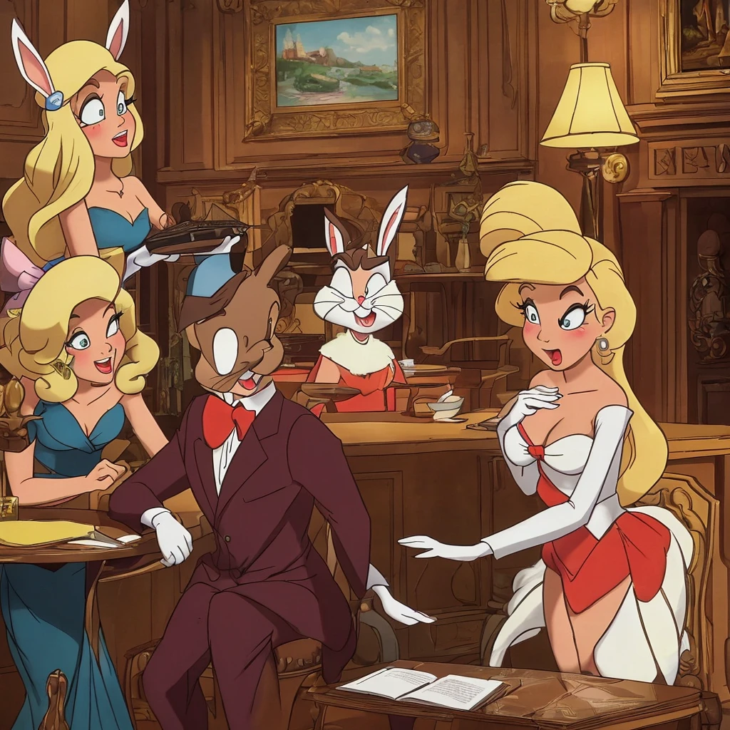 A comedic scene set in a 1920s speak easy where Bugs Bunny disguises himself as a blonde bar floozy to seduce a black-clad villain and steal his briefcase. The scene is portrayed in a (best quality,4k,8k,highres,masterpiece:1.2),ultra-detailed,(realistic,photorealistic,photo-realistic:1.37) style. The main focus is on Bugs Bunny's charming and detailed eyes, beautiful detailed lips, and extremely detailed face. Bugs Bunny, dressed in a glamorous blonde wig, shimmering dress, and elegant feather boa, is shown flirting with the villain by winking and blowing kisses. The speak easy is filled with vibrant colors, vintage furniture, and jazz music in the background. The lighting is dim and moody, with warm tones illuminating the scene. Bugs Bunny's seductive poses and playful expressions add a touch of humor to the overall composition. The briefcase, held tightly by the villain, is positioned as the central point of conflict. The scene is captured with the skill and artistry of an oil painting, showcasing every intricate detail and brushstroke. The rich textures and materials, such as velvet and satin, are prominent throughout the portrayal. The scene is depicted in a classic art style, reminiscent of golden age illustration and concept art. The vivid colors enhance the energetic atmosphere of the scene, with a carefully curated color palette that accentuates the comedic and lively nature of the characters. The lighting casts dramatic shadows and highlights, emphasizing the characters' facial expressions and body language. The result is a visually captivating and entertaining artwork that brings to life the humor and charm of Bugs Bunny as he embarks on his mischievous adventure in the 1920s speak easy.