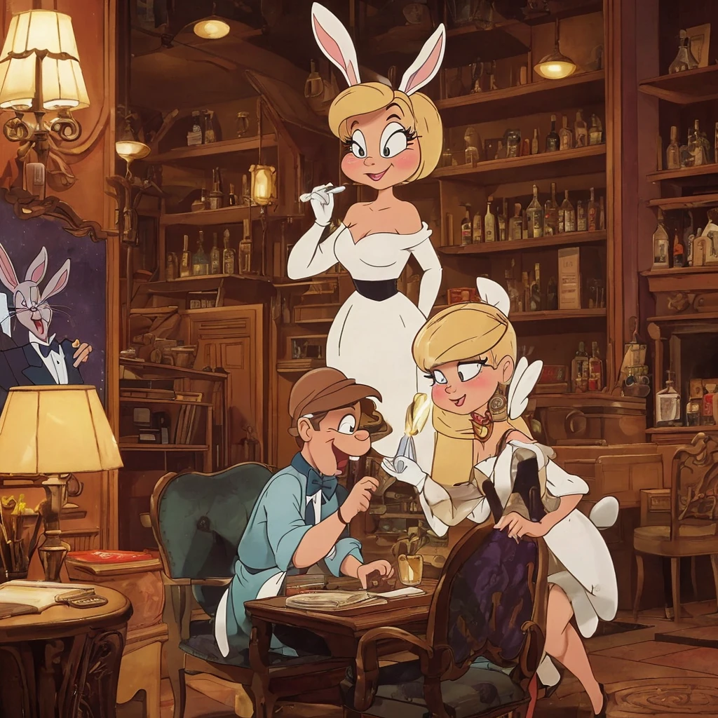 A comedic scene set in a 1920s speak easy where Bugs Bunny disguises himself as a blonde bar floozy to seduce a black-clad villain and steal his briefcase. The scene is portrayed in a (best quality,4k,8k,highres,masterpiece:1.2),ultra-detailed,(realistic,photorealistic,photo-realistic:1.37) style. The main focus is on Bugs Bunny's charming and detailed eyes, beautiful detailed lips, and extremely detailed face. Bugs Bunny, dressed in a glamorous blonde wig, shimmering dress, and elegant feather boa, is shown flirting with the villain by winking and blowing kisses. The speak easy is filled with vibrant colors, vintage furniture, and jazz music in the background. The lighting is dim and moody, with warm tones illuminating the scene. Bugs Bunny's seductive poses and playful expressions add a touch of humor to the overall composition. The briefcase, held tightly by the villain, is positioned as the central point of conflict. The scene is captured with the skill and artistry of an oil painting, showcasing every intricate detail and brushstroke. The rich textures and materials, such as velvet and satin, are prominent throughout the portrayal. The scene is depicted in a classic art style, reminiscent of golden age illustration and concept art. The vivid colors enhance the energetic atmosphere of the scene, with a carefully curated color palette that accentuates the comedic and lively nature of the characters. The lighting casts dramatic shadows and highlights, emphasizing the characters' facial expressions and body language. The result is a visually captivating and entertaining artwork that brings to life the humor and charm of Bugs Bunny as he embarks on his mischievous adventure in the 1920s speak easy.