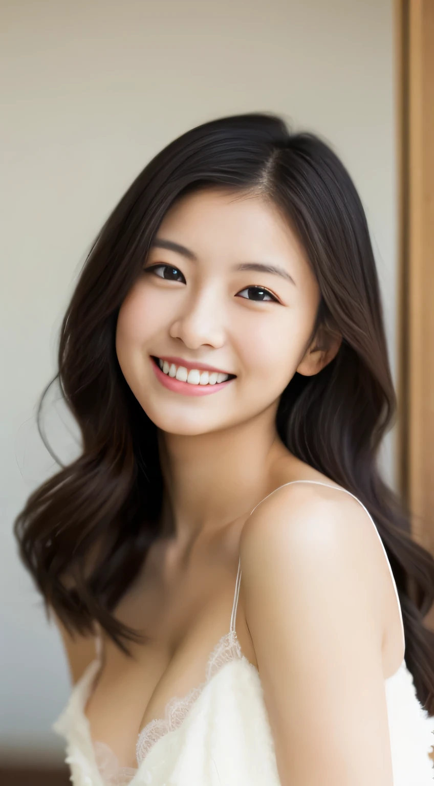 Japanese ),((beautiful girl)),cleavage,An expression that imagines something pleasant:1.2,(perfect body beauty:1.2),((perfect body)),(shy smile),beautiful teeth,