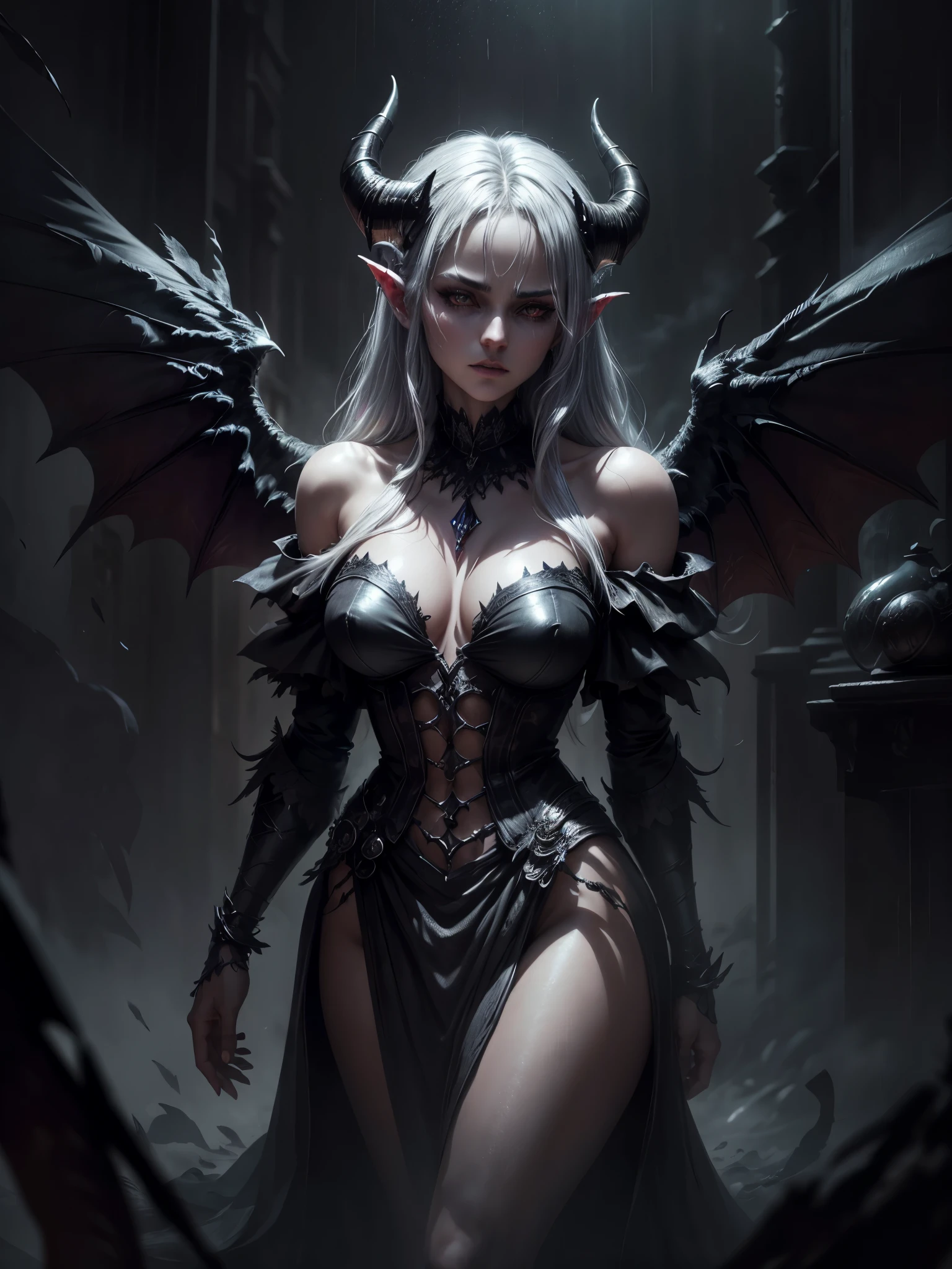 masterpiece, best quality, extremely detailed, hyperrealistic, photorealistic, a beautiful demon woman, demon horn, moody lighting:1.3, nightmarish, mystical fog, smoke, rainy night, large wings with ragged black feathers behind shoulders, silver hair, black demonic robe:1.1, dramatic posing