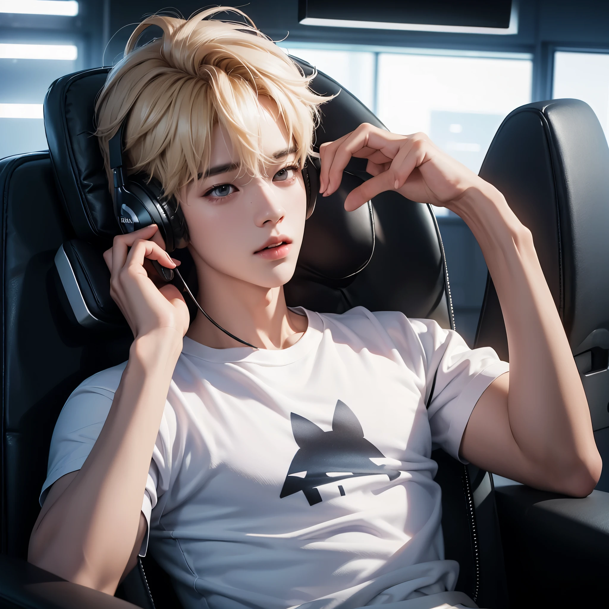 Jimin Park, BTS Jimin, kpop boy, korean boy, kpop males face, blonde hair, sitting on a gamer chair in a recording set, with hello Kitty headphones on his head, and a unicorn microphone(best quality,4k,8k,highres,masterpiece:1.2),ultra-detailed,(realistic,photorealistic,photo-realistic:1.37), professional, vivid colors, portraits, studio lighting.