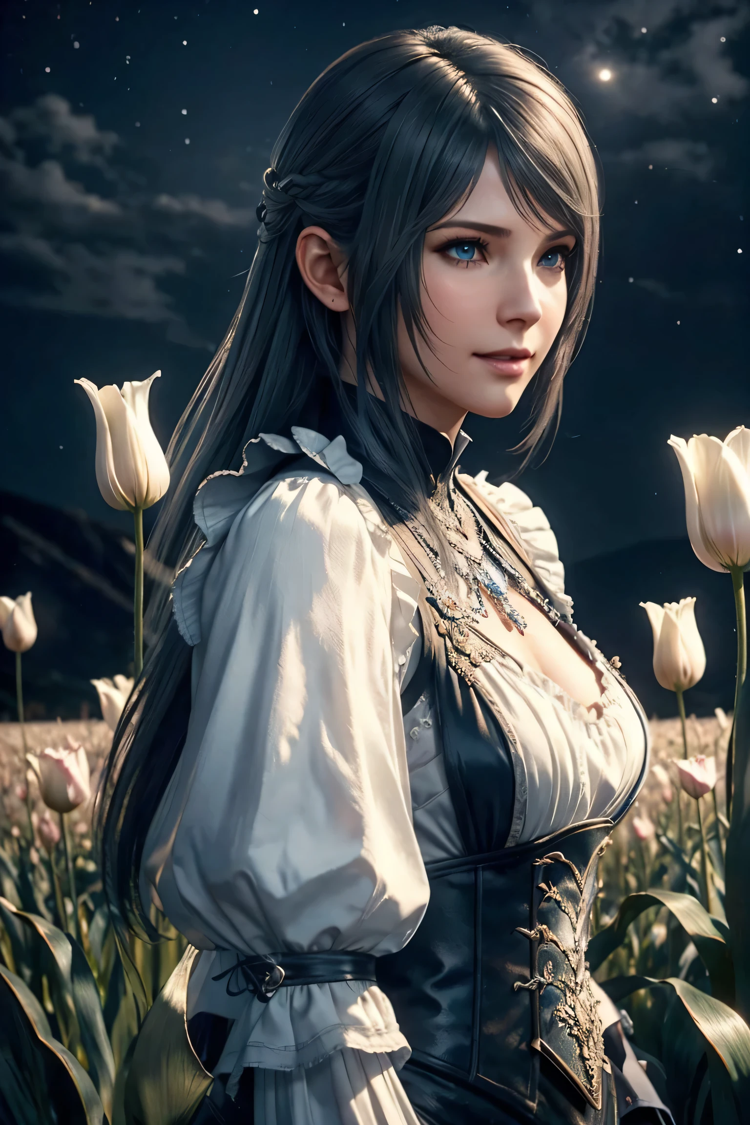 Jill Warrick,Final Fantasy 16,FF16,dark silver hair,long hair,Take down your bangs,beautiful blue eyes,white skin,white ruffle shirt,corn vest,blue ribbon around neck,super high quality,super high quality,masterpiece,digital single lens reflex,realistic,Detailed details,vivid details,depicted in detail,detailed face,Detailed details,Super detailed,realistic skin texture,based on anatomical basis,perfect anatomy,anatomically correct hand,anatomically correct fingers,Complex 3D rendering,sexy pose,beautiful tulip field,Final Fantasy Worldview,Fantastic night view,fantastic night sky,beauty like a painting,smile,