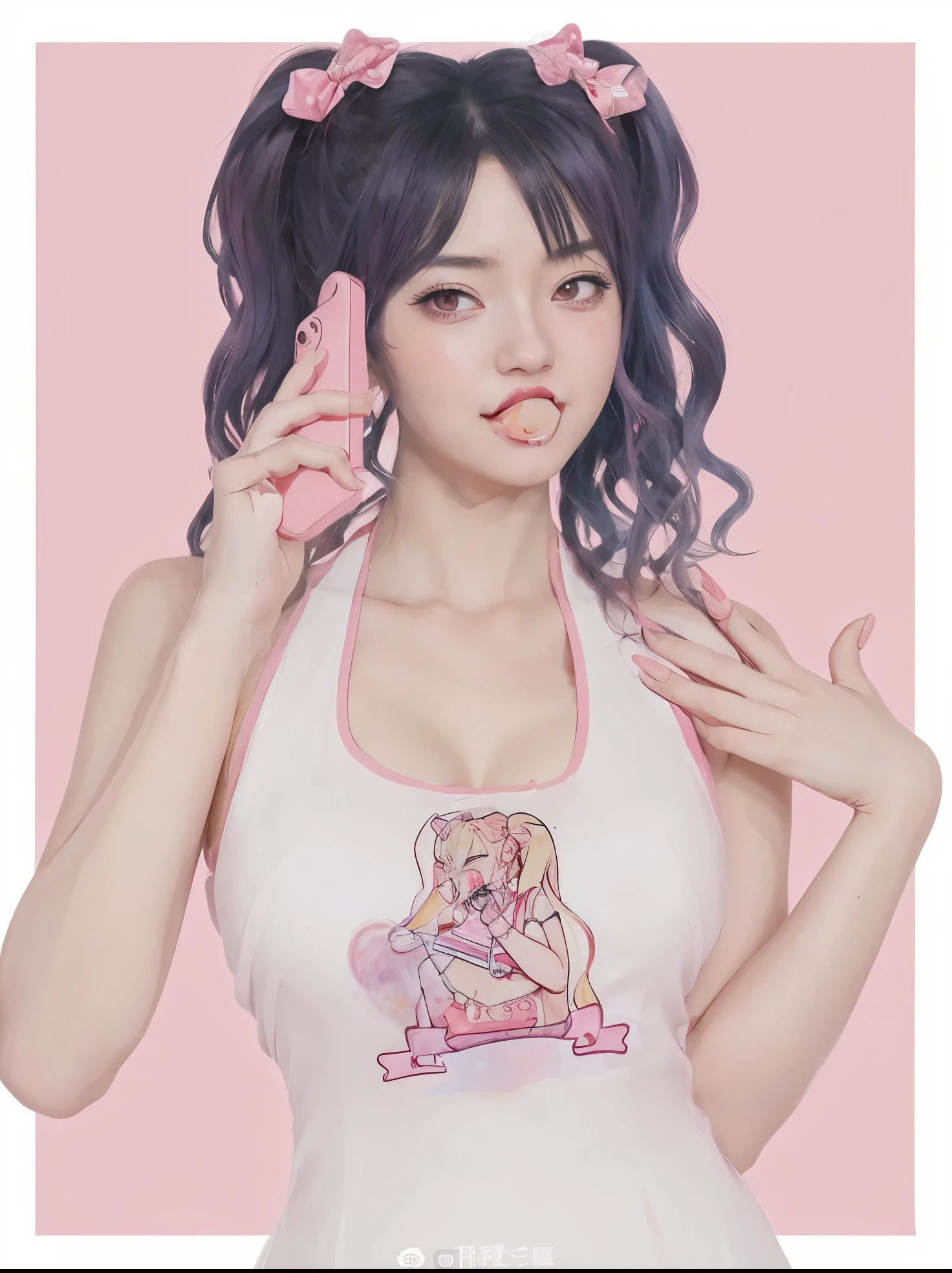 chica anime with pink hair and pink dress holding a cell phone, guweiz, obra de arte al estilo de guweiz, junko enoshima, soft anime illustration, digital anime illustration, yandere gapmoe, yandere, chica anime, e-chica, and - girl, muchacha rosada, vibraciones de anime, retro chica anime, anime style illustration