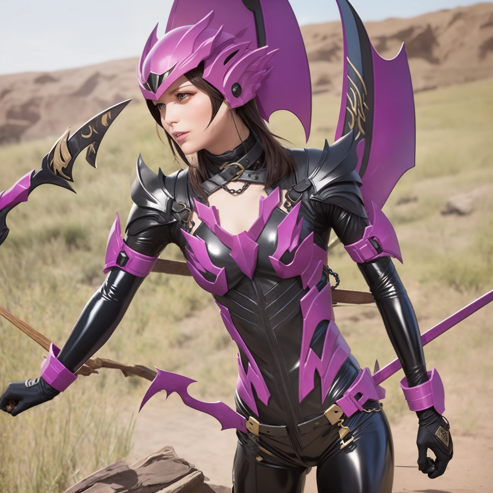 (a helmet with a scorpion motif), (woman:1.1), (black latex suit:1.1), (striking decoration:1.1), chain, sickle, (alchemy style equipment:1.1), (purple image color:1.1)