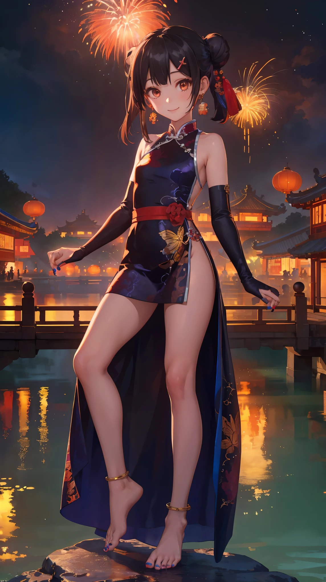 masterpiece,best quality,official art,extremely detailed CG unity 8k wallpaper, (wide shot),1girl, (Miyu Edelfelt),****,black hair,brown eyes,seductive smile,nsfw, barefoot, see-through dress, butterfly, butterfly hair ornament, backless dress, chinese clothes,sleeveless, double bun,golden dragon print,bare foot,spread legs,elbow gloves,hair bun, hair ornament,jewelry,earrings,bead anklet,slim legs,nail polish, small breasts, solo, toenail polish, toenails, toes, twintails,outdoor,Chinese style architecture, Chinese style, lake, ancient town, beautiful and meticulous water,the red lantern,fireworks,