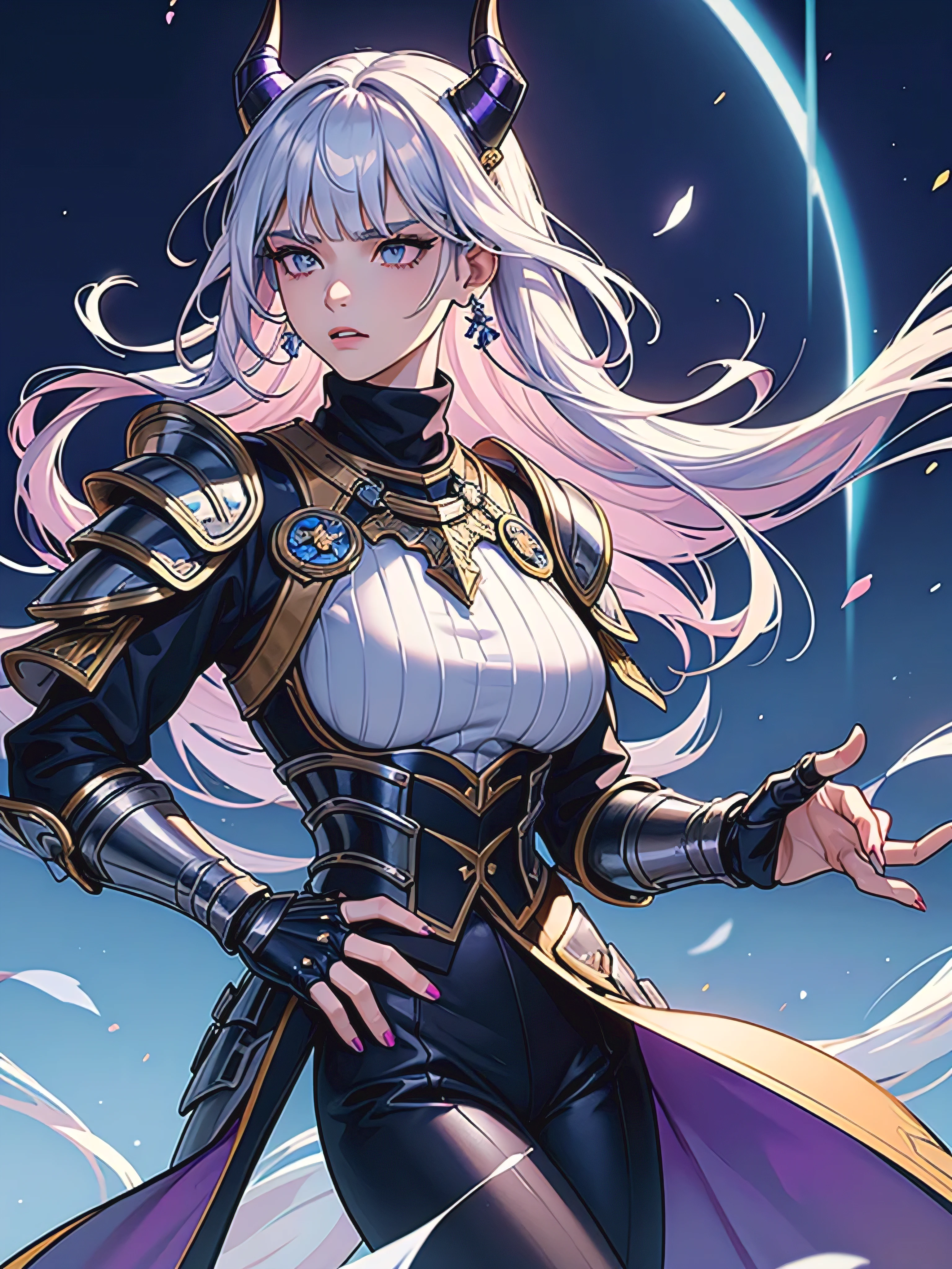 ((1 adult woman, solo)), Extremely short messy hair, thick white hair, extremely messy bangs ((very long bangs)), long braids, sharp purple lavender eyes, water lilies and lilies on her clothes and hair, gorgeous, powerful, mature, badass business suit ((blue, yellow, pink, silver, white, and orange color palette for outfit)), ((huge, long, curved demon horns)), long legs, multiple flowers in hair, suit and tie, multiple ear piercings, long painted nails, turtleneck sweater, leather pants, capelet, Cinematic lighting, hyper HD, Masterpiece, waist up, best quality, Highly detailed, ((epic dynamic pose)), serious expression, Hell, Emperor robes, intimidating armor ((armored shoulder pads, gauntlets)) 
