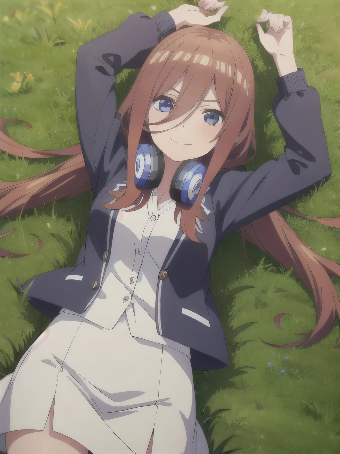 solo, 1girl, looking at viewer, 2D, anime, anime coloring, high quality solo, cowboy shot, lying, on back, on grass, spread arms, shy smile, arms up, closed mouth, miku nakano, cardigan, headphones around neck, looking at viewer, smile