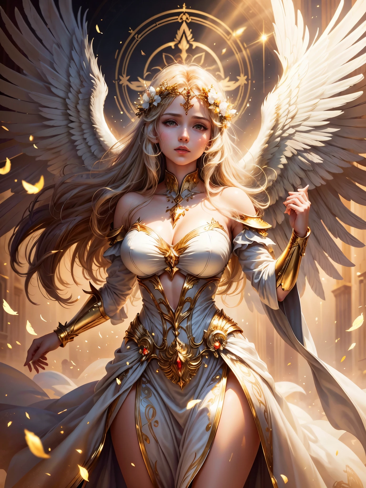 masterpiece, best quality, extremely detailed, hyperrealistic, photorealistic, a beautiful angel woman, haro:1.3, gold ethereal light, warm and gentle holy light pouring down strongly, dramatic light, a majestic sight, large wings with beautiful white feathers behind shoulders, golden hair, white dress without armer:1.2, source of spiritual energy, shining circle, dramatic pose