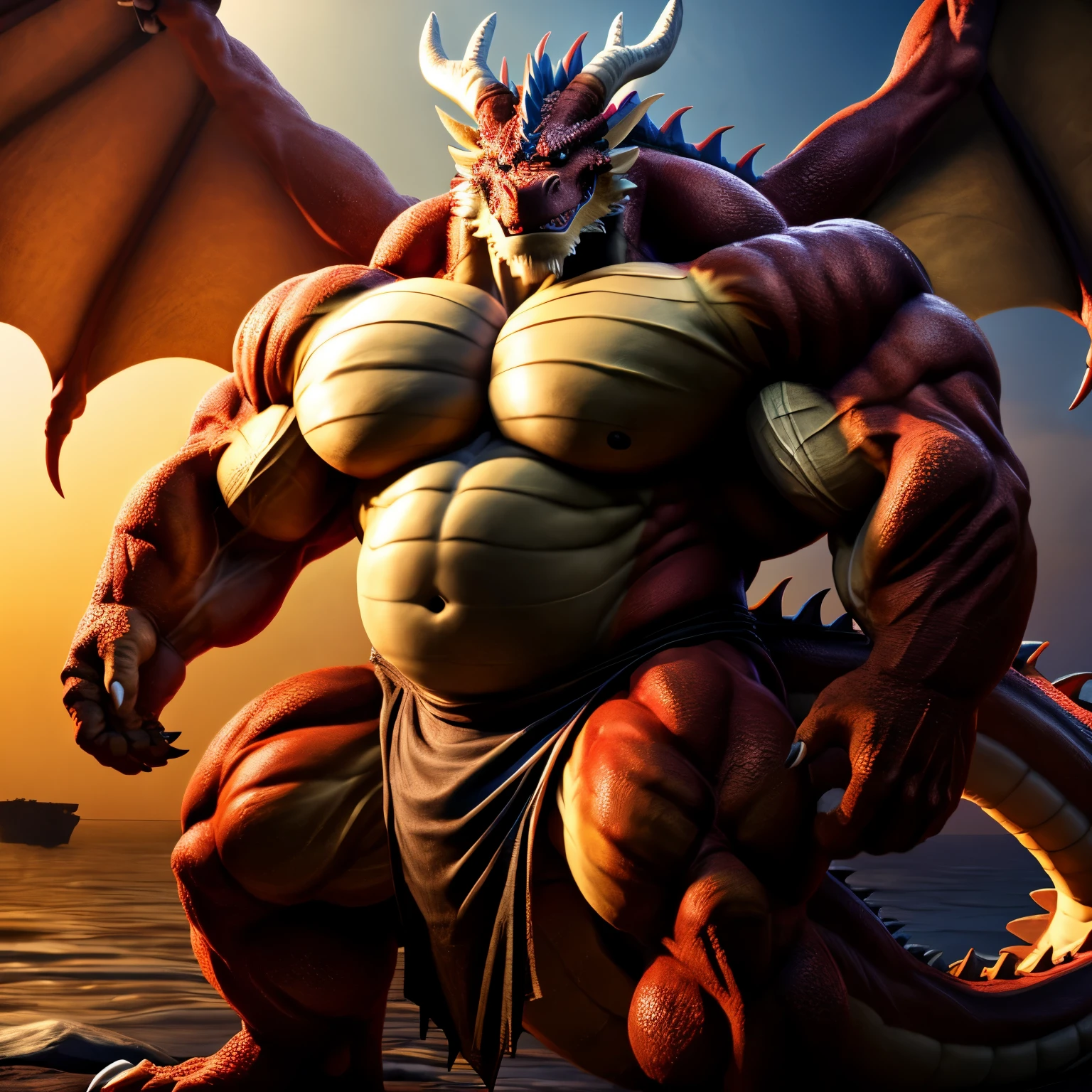 kaido, dragon king, male dragon, eastern dragon, very big muscles, hulking, bodybuilder, extremely strong, big abdominal muscles, hefty musclegut, pecs, feet, claw, full body, loincloth, one piece, HDR,