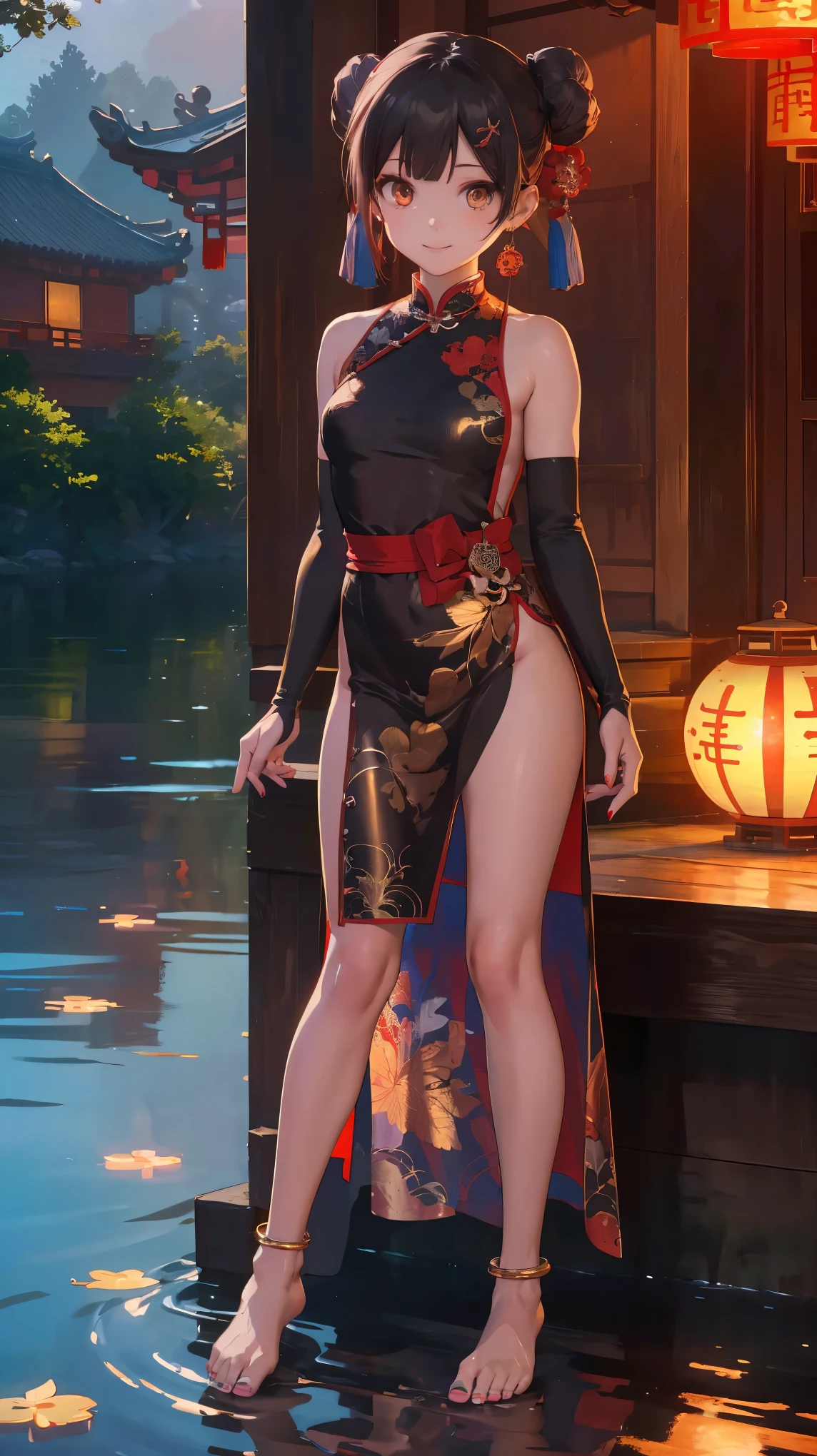 masterpiece,best quality,official art,extremely detailed CG unity 8k wallpaper, (wide shot),1girl, (Miyu Edelfelt),****,black hair,brown eyes,seductive smile,(nsfw), barefoot, see-through dress, butterfly, butterfly hair ornament, backless dress, chinese clothes,sleeveless, double bun,golden dragon print,bare foot,spread legs,elbow gloves,hair bun, hair ornament,jewelry,earrings,bead anklet,slim legs,nail polish, small breasts, solo, toenail polish, toenails, toes, twintails,outdoor,Chinese style architecture, Chinese style, lake, ancient town, beautiful and meticulous water,the red lantern,fireworks,