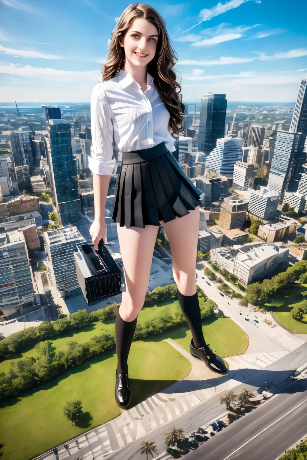masterpiece, best quality, hyperrealistic, cinematic photo,  woman, giantess, GTS,pale skin, british amazing slim body, white blouse, black pleated skirt, white high-knee socks, glossy black shoes, wavy brown hair, large legs, wide hips, perfect hands, beautiful face, perfect face, youthful, smile, (blured background), modern style, from below, (high-angle shoot), aereal view, standing, standing on city, (view viewer), looking back, (8k, epic composition, photorealistic, sharp focus), sophisticated background, small miniature city, sunlight, DSLR, foil grain
