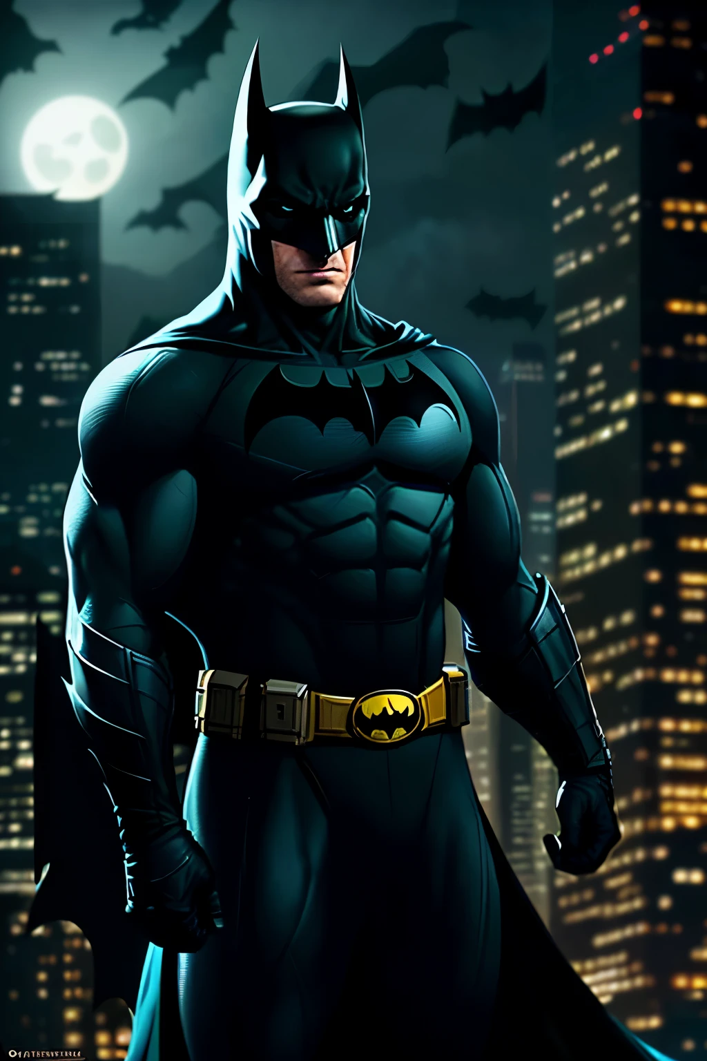 Batman, clad in his sleek and ominous costume, dashed through the shadows of the cityscape with a horde of bats flitting gracefully at his heels. The scene unfolded in the captivating style reminiscent of Manticore and the masterful touch of John Cassaday. Batman's muscles were cut and defined, every ripple and bulge accentuated by the play of light and dark. His disfigured foes, distorted by the dimly lit environment, loomed menacingly in the background. The image was rendered in exquisite detail using Octane, showcasing every stitch on Batman's suit and the glint of the