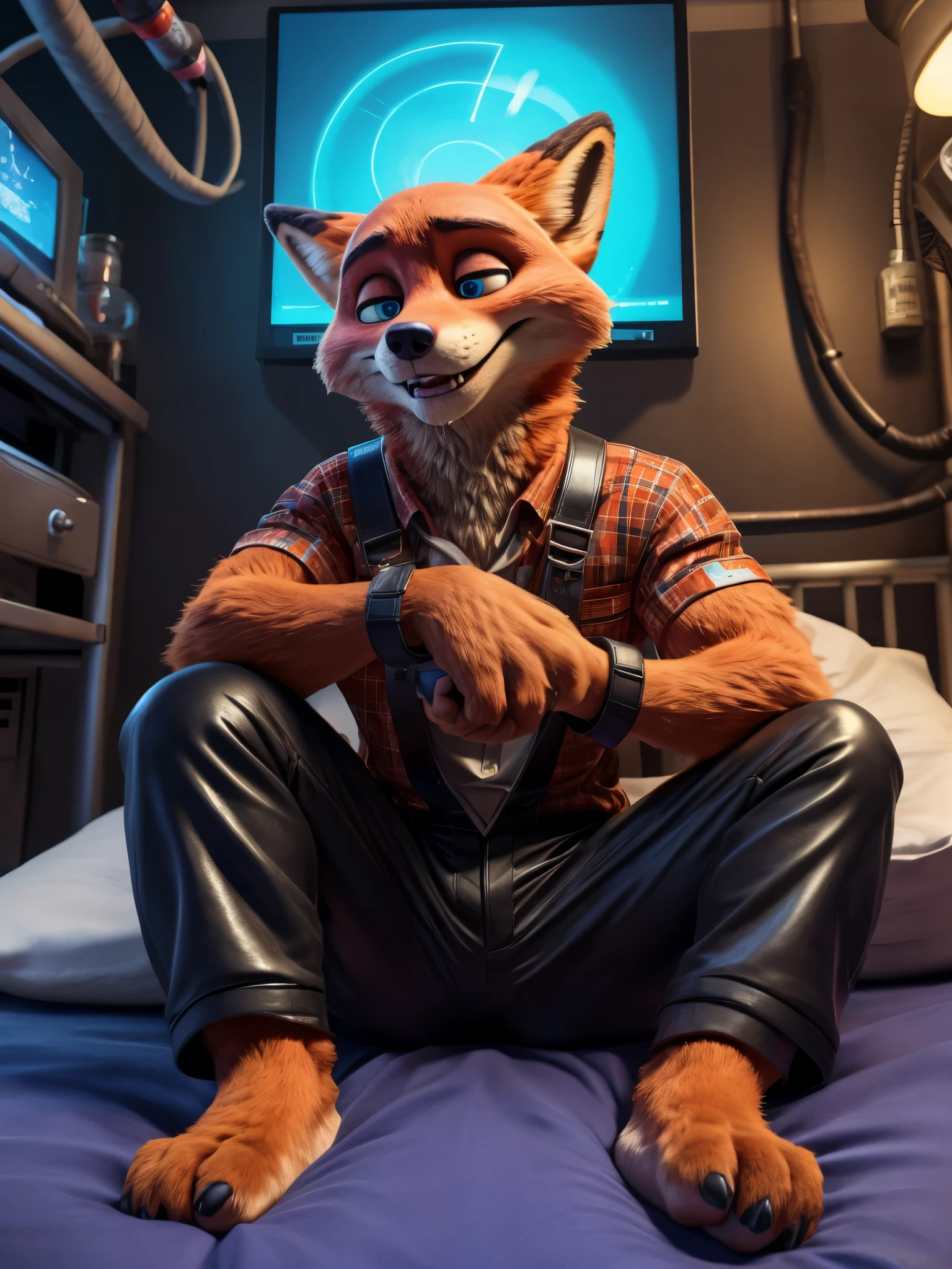 Barefoot furry character, full body, furry male.

Beefy, brawny, muscular, hypnotised Nick Wilde lying on bed in dark laboratory, strapped to the bed, wearing black leather shackles on his wrists and ankles, hypnotised, brainwashed, mind controled, drooling, wears pale blue hospital pajama, long pants, wears hypnotic vr helmet covering eyes, nice feet 

BREAK, detailed background, 8K, (masterpiece:1.5), intricate details, highly detailed, extreme detail, anime, best quality, highres, (detailed face:1.5), nice face, ((full_body)), UHD, (((perfect hands))), low ligth:1.2, 