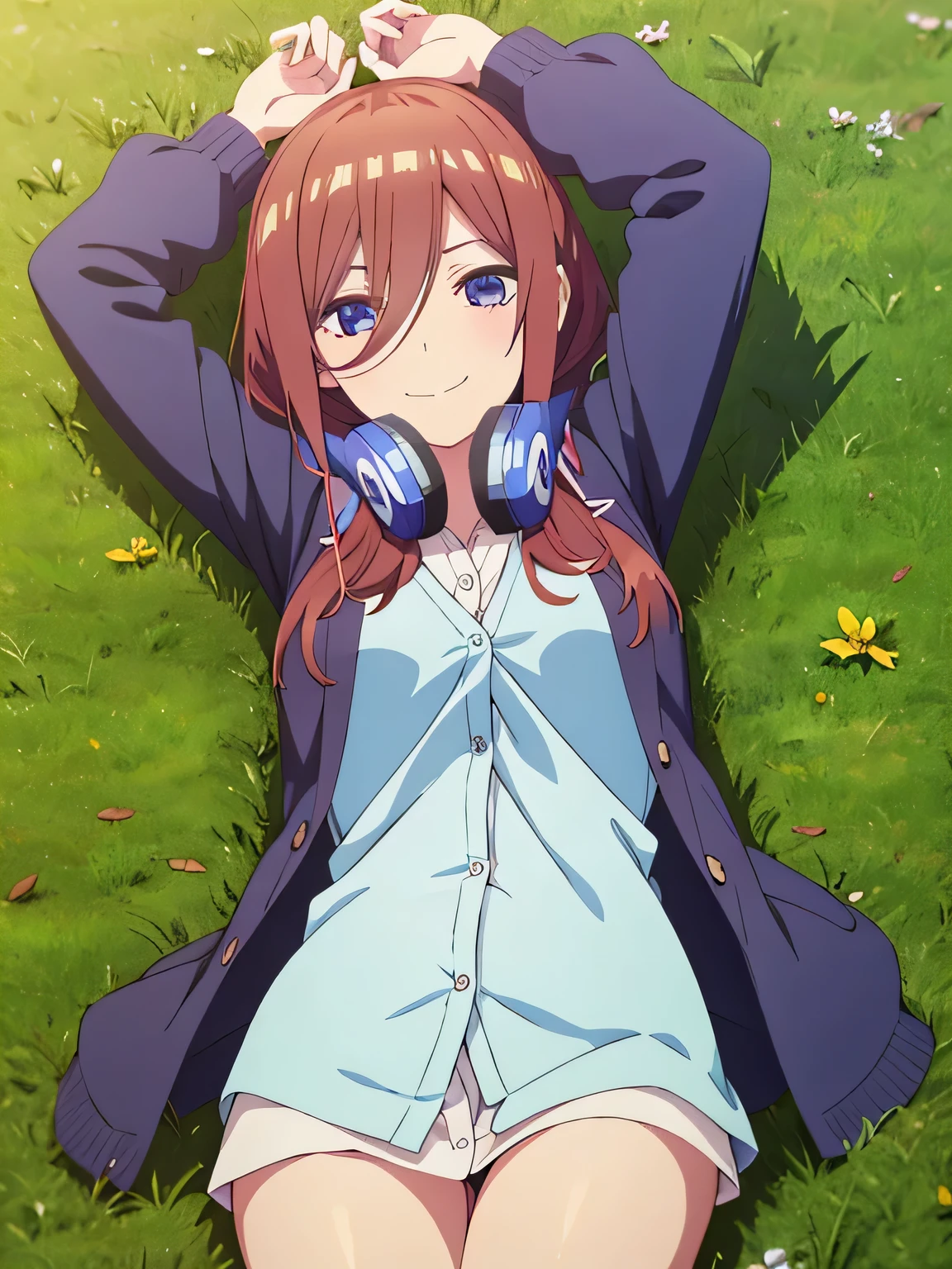 solo, 1girl, looking at viewer, 2D, anime, anime coloring, high quality solo, cowboy shot, lying, on back, on grass, spread arms, shy smile, arms up, closed mouth, miku nakano, cardigan, headphones around neck, looking at viewer, smile