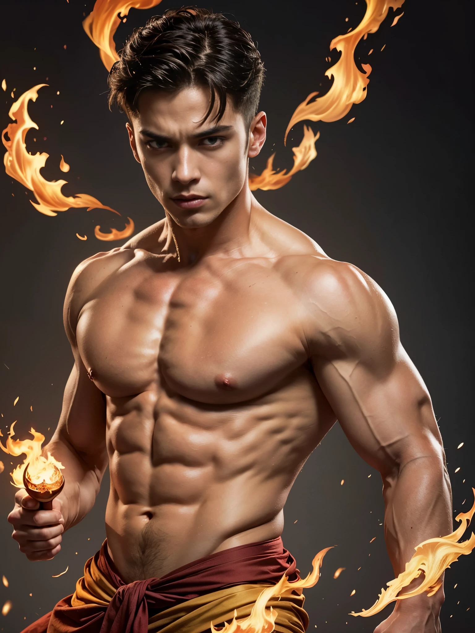 Photorealistic, handsome male model, masculine Asian mix guy, mixed race, (angry:1.3), young, 18 years old, ((best quality)), ((masterpiece)), (detailed), (barechested:1.4) Create an illustrated portrait of young Prince Zuko from "Avatar: The Last Airbender". Illustrate him with a strong square jawline, gaunt cheeks, and skinny face, shirtless, with attention to detail on his red burn scar on his eye, ( yellow pupil eyes:1.4), he is a pyromancer, fire bender, with, messy hair, messy fringe, and a toned, muscular physique that reflects his training and determination. Capture his expression, reflecting his internal conflict and growth throughout the series. The background should be dark and incorporate bending fire. Utilize dark colors and bold
