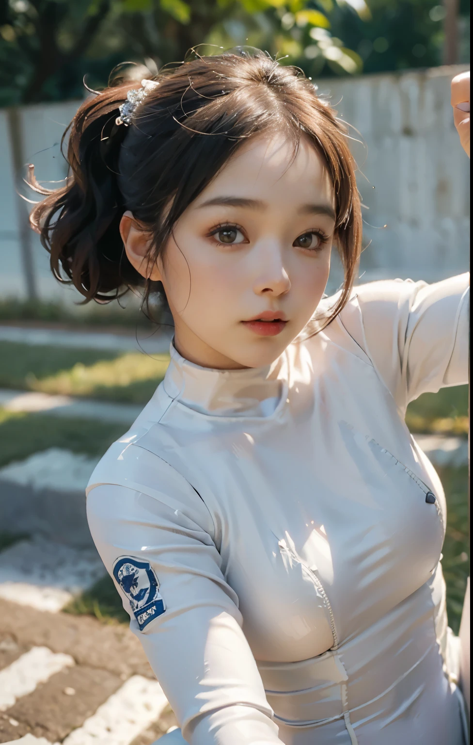 Highest image quality, outstanding details, ultra-high resolution, (realism: 1.4), ((close up:0.75, sidview)), highly condensed 1lady, with beautiful and a delicate face, perfect proportion, (Kicking To Viewer), (chubby:0.3, small breasts), (wearing white racing suit), background simple gray wall,