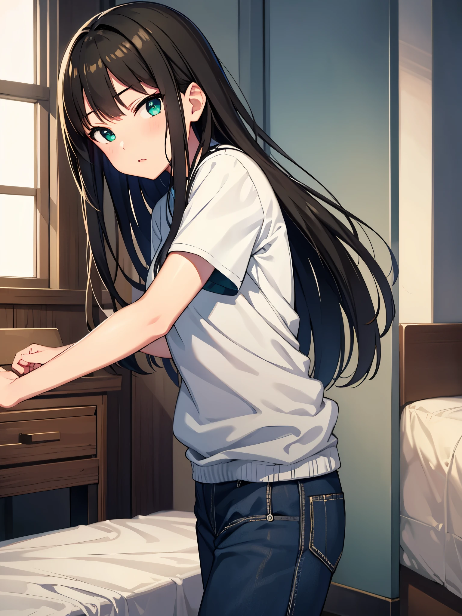 RIN SHIBUYA、masterpiece, highest quality, 1 girl, green eyes、long black hair, blue jersey, navy blue pants、home bedroom