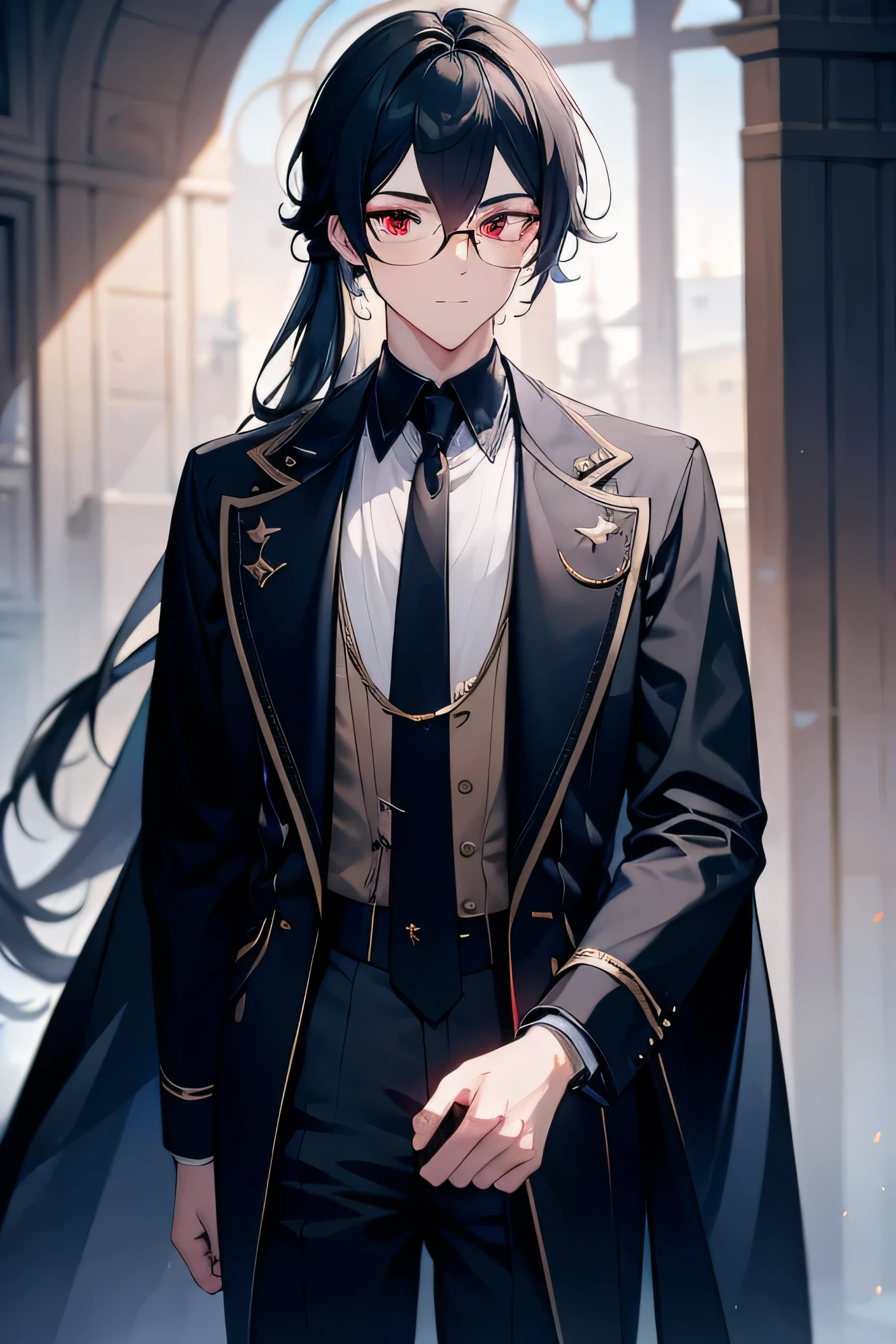 masterpiece, 8k, high quality, 1man, solo, black hair, red slit eyes, tied hair, casual clothes, rimless glasses, nobility, elegant, castle background, ball party, red eyes