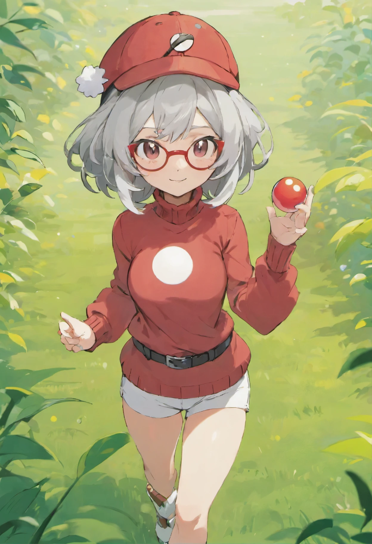 Hi-Res, 1womanl, solo,Holding a Poké Ball in Your Hands, grey eyes, white hair, Red glasses,Red Baseball Cap, Red knitted turtleneck with long sleeves, White shorts, a belt, Grassy, deph of field, The best smile, Stick out the arm holding the poké ball, put hands on the hip