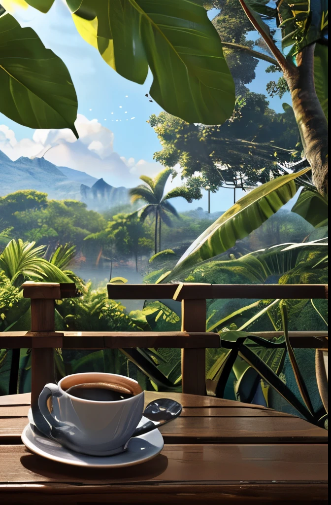 A can of coffee in the center, After the rain, Sunlight, Coffee tree, Ultra-detailed, epic work, ultra high definition, high quality, Very detailed, official art, unified 8k wallpaper, Ultra-detailed, 32k，Realistic，product picture