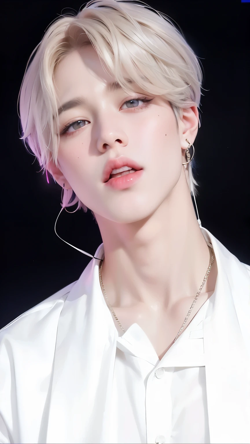 un primer plano de una persona con una camisa blanca y auriculares, Jimin\los labios carnosos, Jimin\'s grecian nose, park Jimin, Jimin\his right eyelid is swollen, accurate Jimin face, Jimin, Jung Jaehyun, cai xukun, hyung tae, delicate androgynous prince, kim taejin, marimacho de pelo corto platino, kpop idol face, doll lips, Jimin de BTS, BTS Jimin, Park Jimin, pretty face