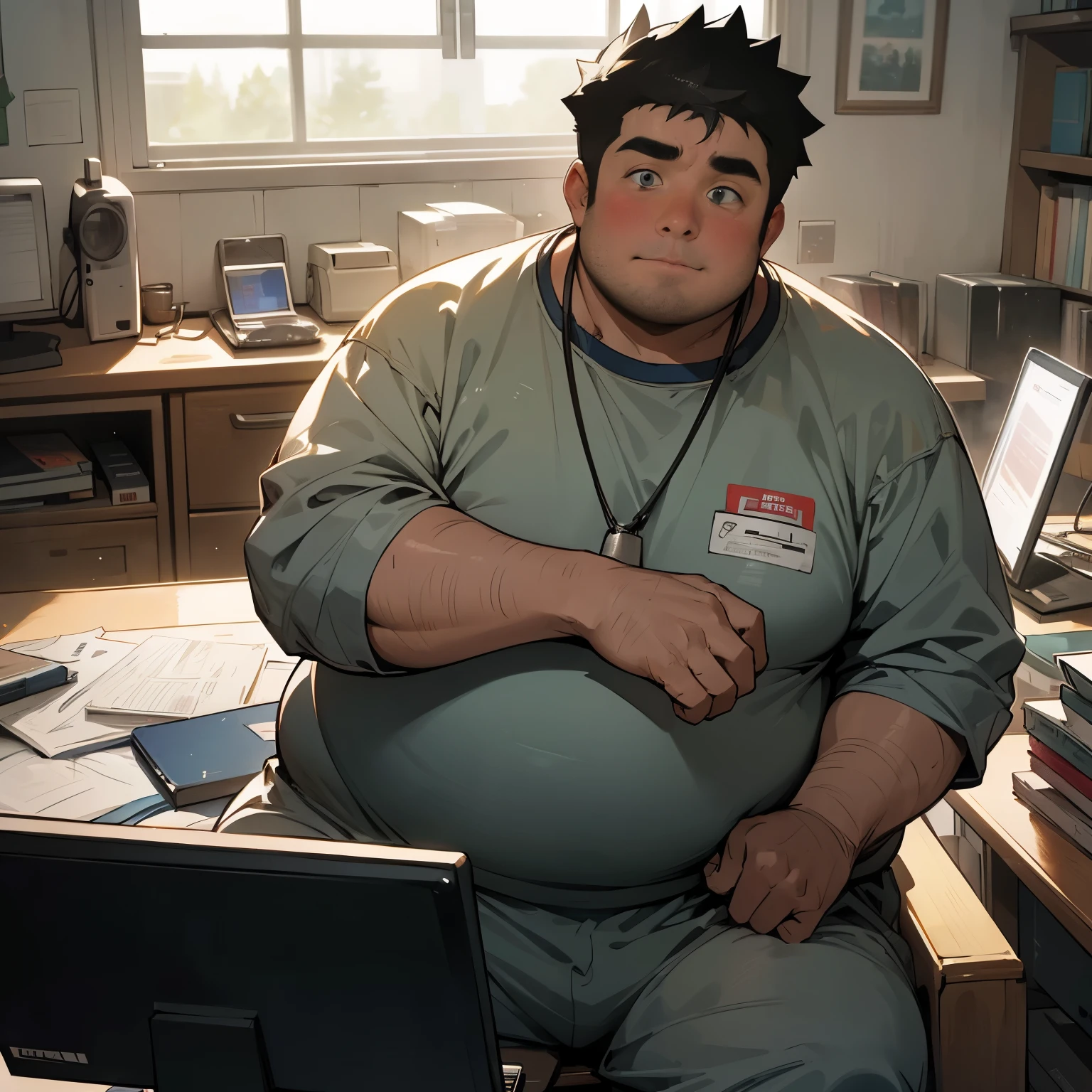 A middle-aged fat man stared at，Breathing heavily, Cover your crotch, Wear light gray dirty sweats, short black hair, (obesity: 1.0), 30 years old, bookworm, Wear light gray tracksuit, Shy, Sit in front of a screen, Opposite, In a dusty private room, casual thin hair, Thick neck、round face、Lots of fat, sweat, alone, Asian,