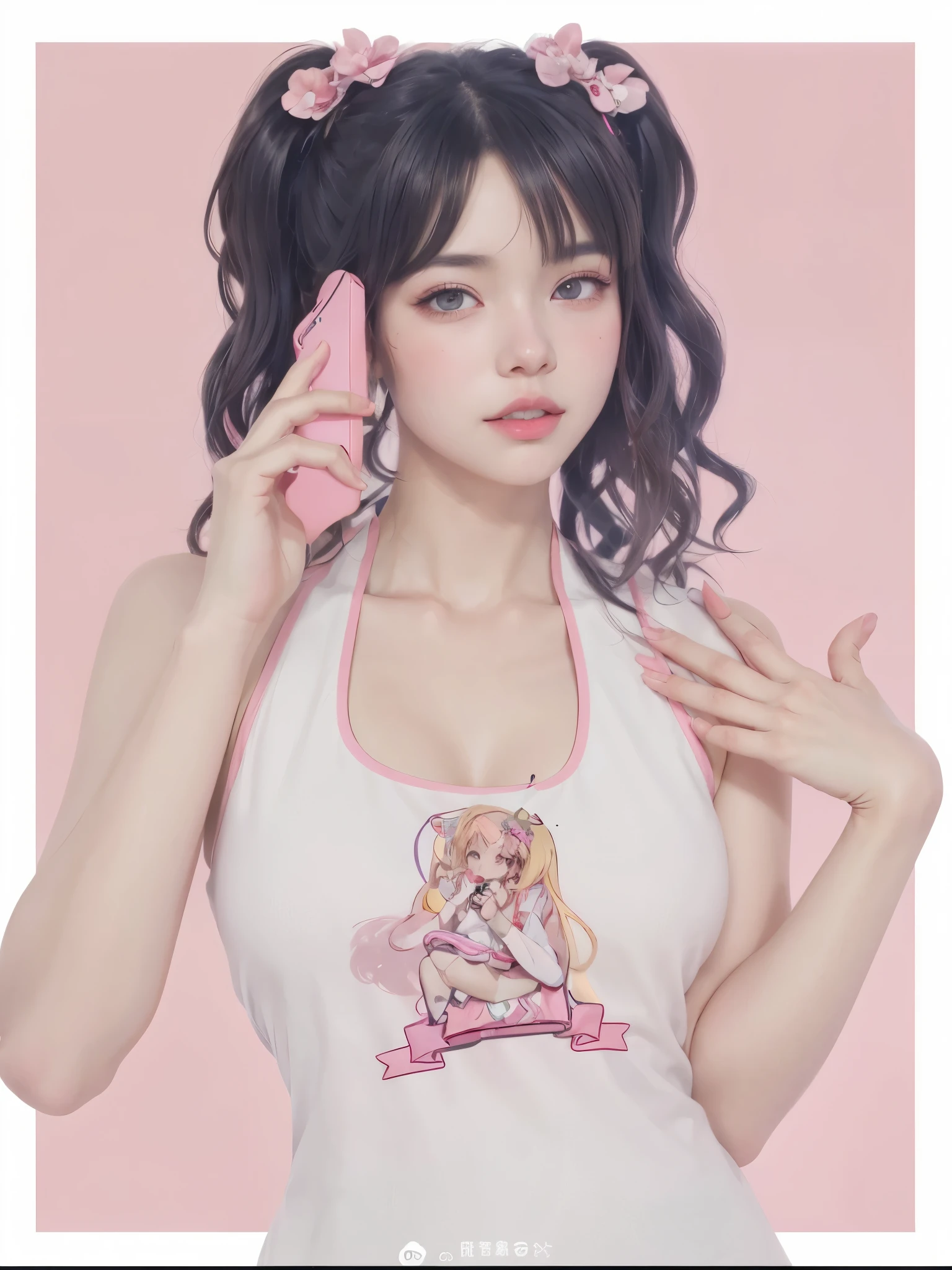 hay una mujer que sostiene un celular junto a su oreja, obra de arte al estilo de guweiz, guweiz, Retrato realista kawaii, inspirado en Yanjun Cheng, Iliá Kuvshinov. 4k, ig model | germen de arte, soft anime illustration, retro chica anime, chica anime, digital anime illustration