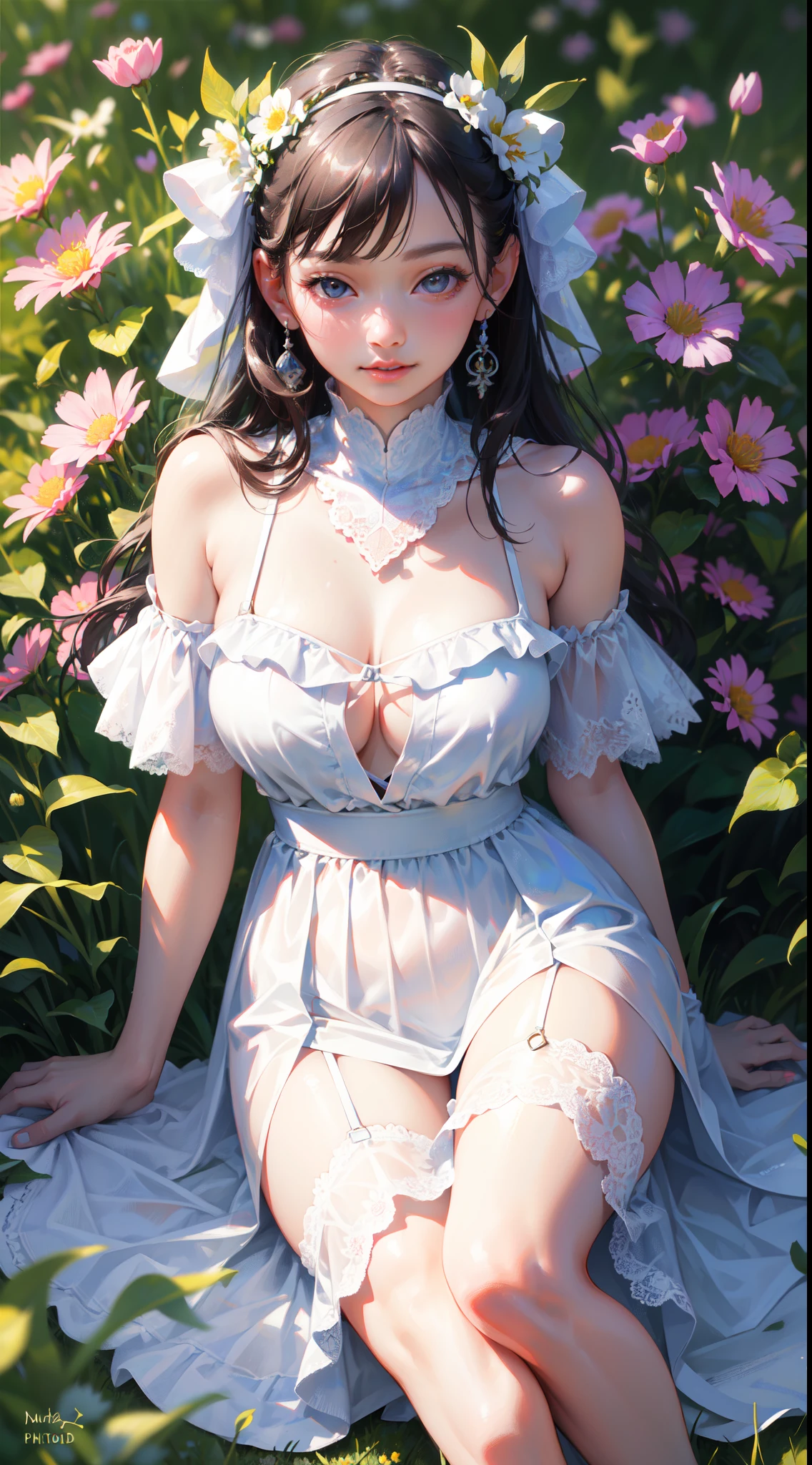 Best quality, masterpiece, ultra high res, (photorealistic:1.4), raw photo, 1girl, white dress, off shoulder, blossom flower field, glowing skin, light smile